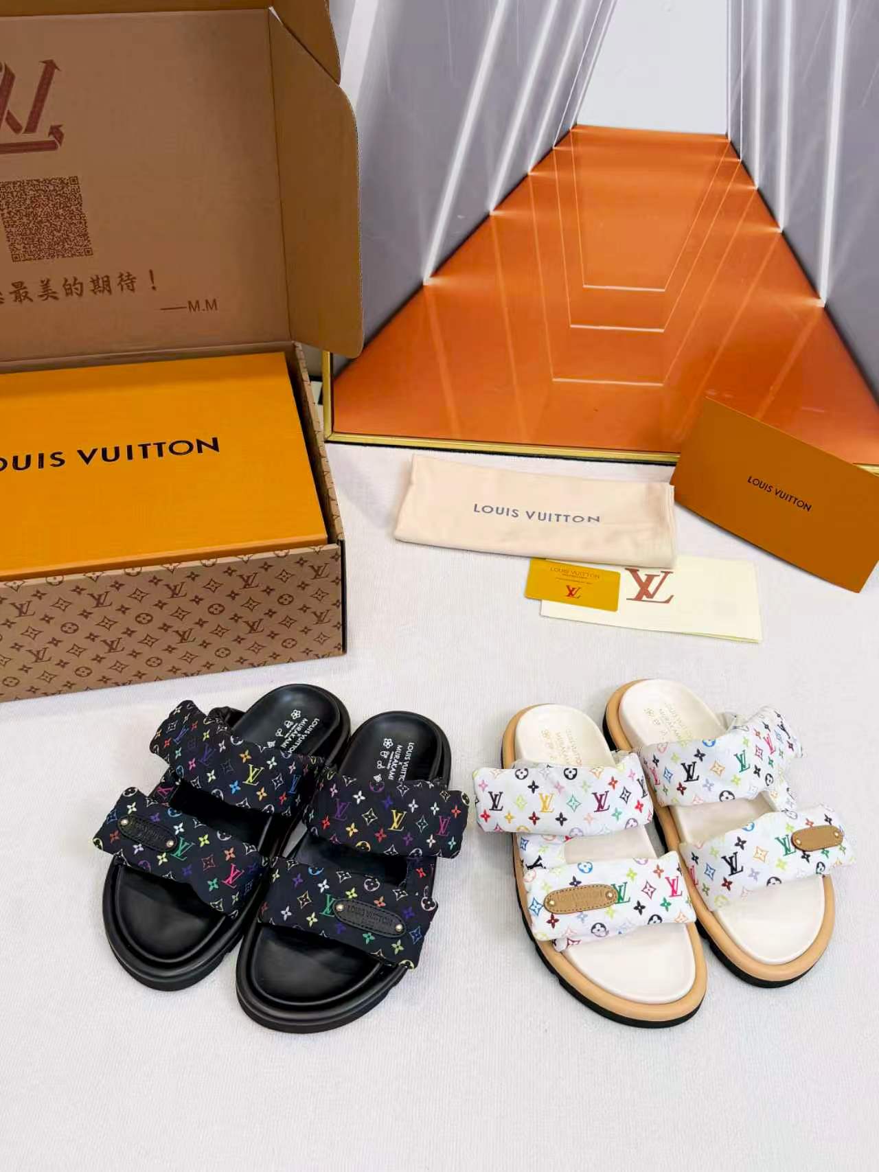 Louis Vuitton × Takashi Murakami Monogram Multicolore Nylon Padded Pillow Double Strap Slides Sandals - KAIROO