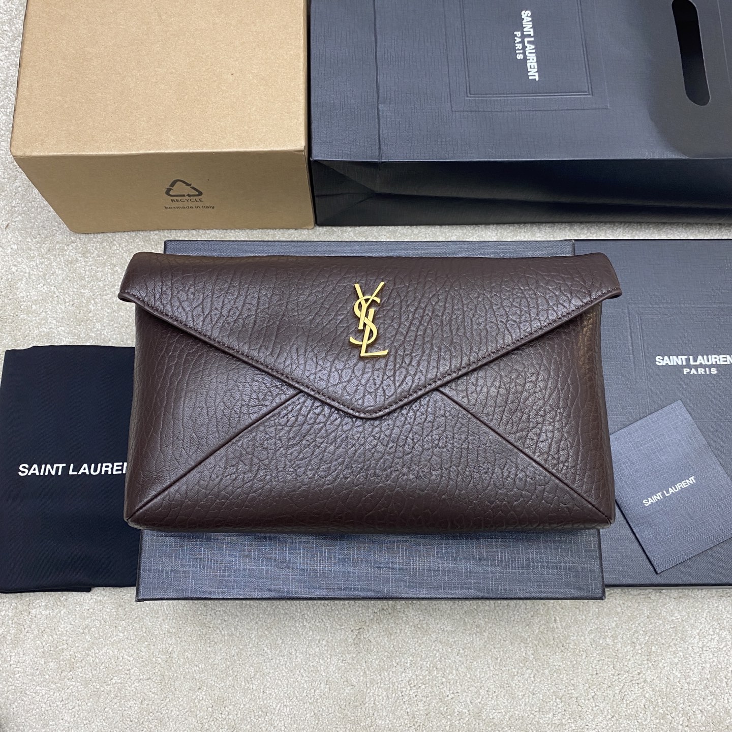 Saint Laurent Santal Cassandre Large Envelope Pouch in Lambskin