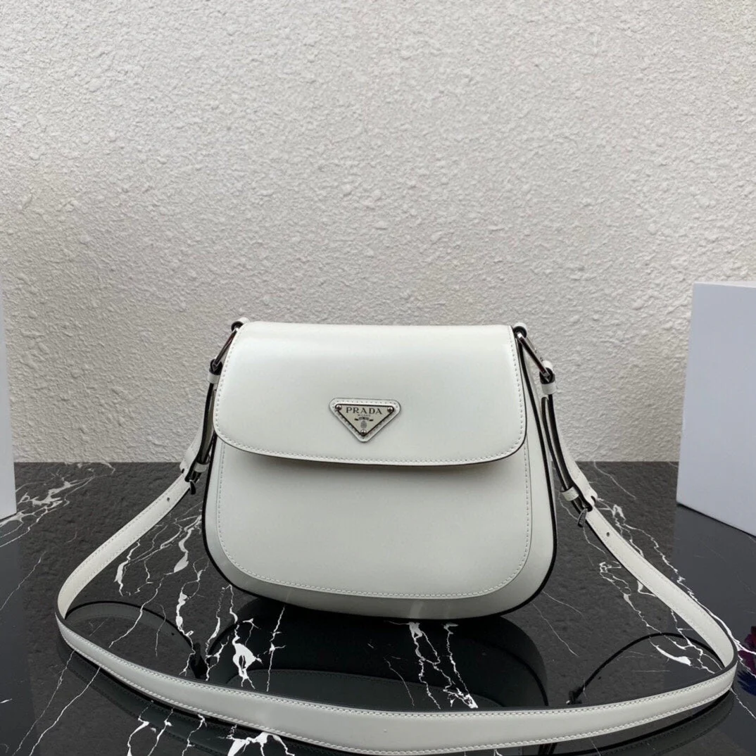 Prada CLEO 24 WHITE BLACK BRUSHED LEATHER SHOULDER BAG