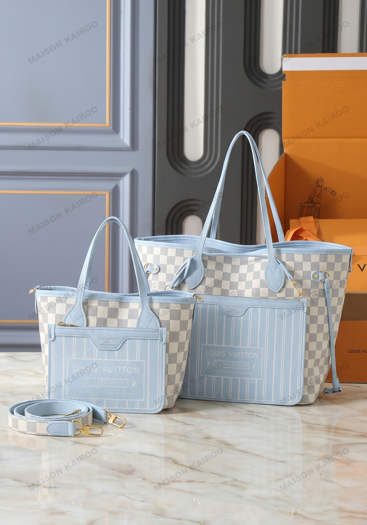 Louis Vuitton LV Neverfull Inside Out BB&MM Light Blue Damier Check Canvas Reversible Tote Bag With Pouch - KAIROO