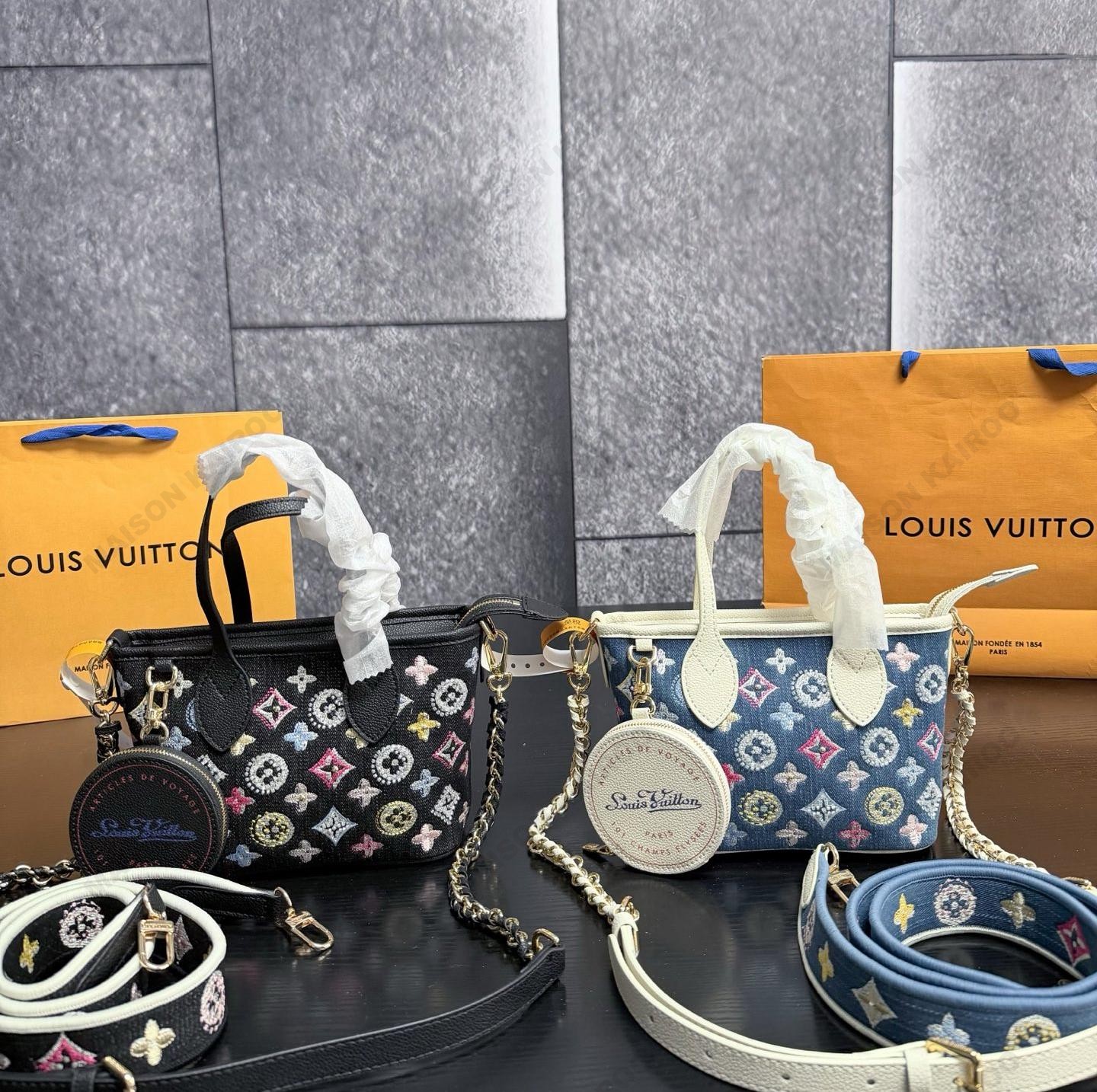 Louis Vuitton LV Neverfull BB Monogram Multicolor Embroidered Denim Tote Crossbody Bag With Pouch - KAIROO