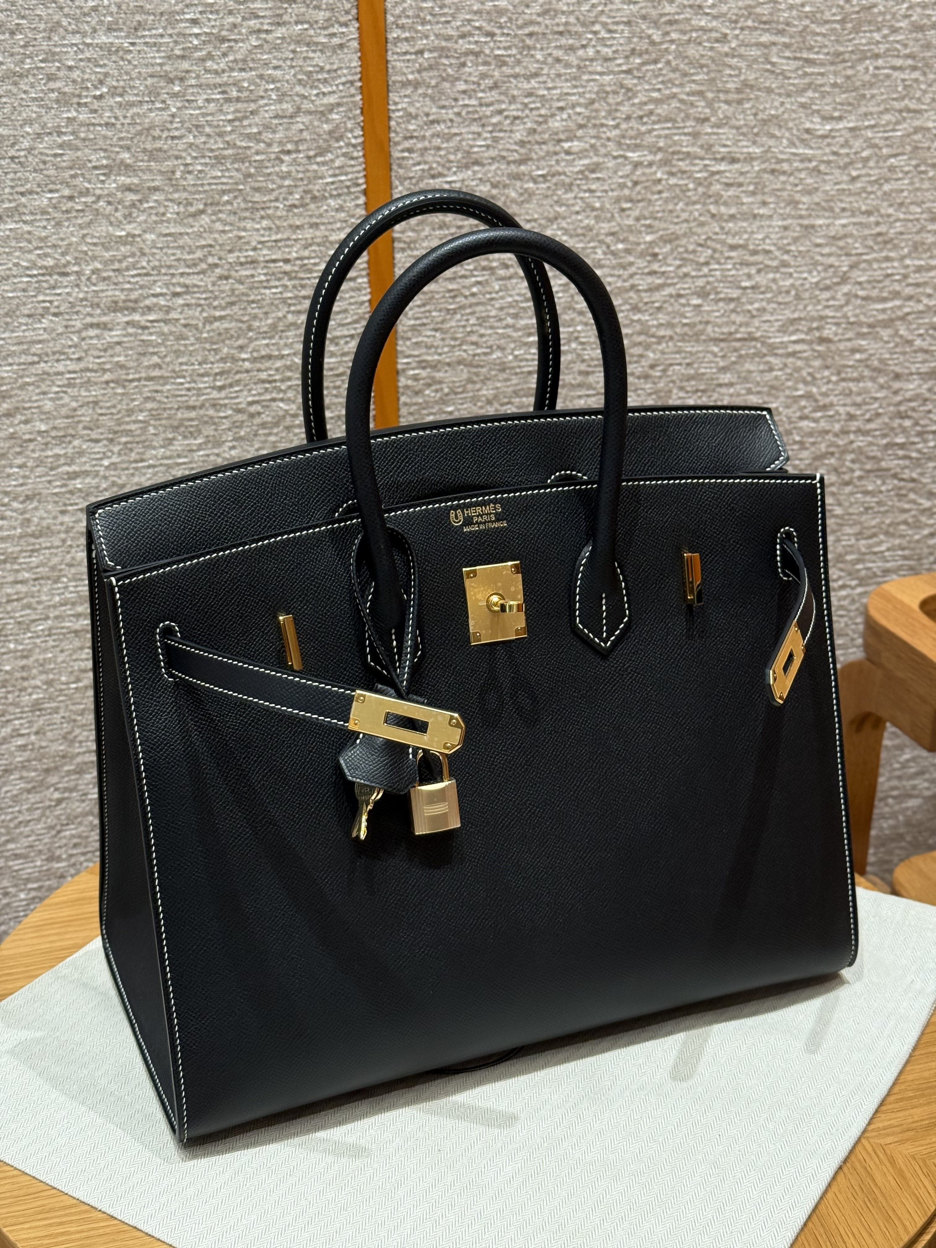 Hermes Black Sellier White Stitching Epsom Birkin 30 Bag