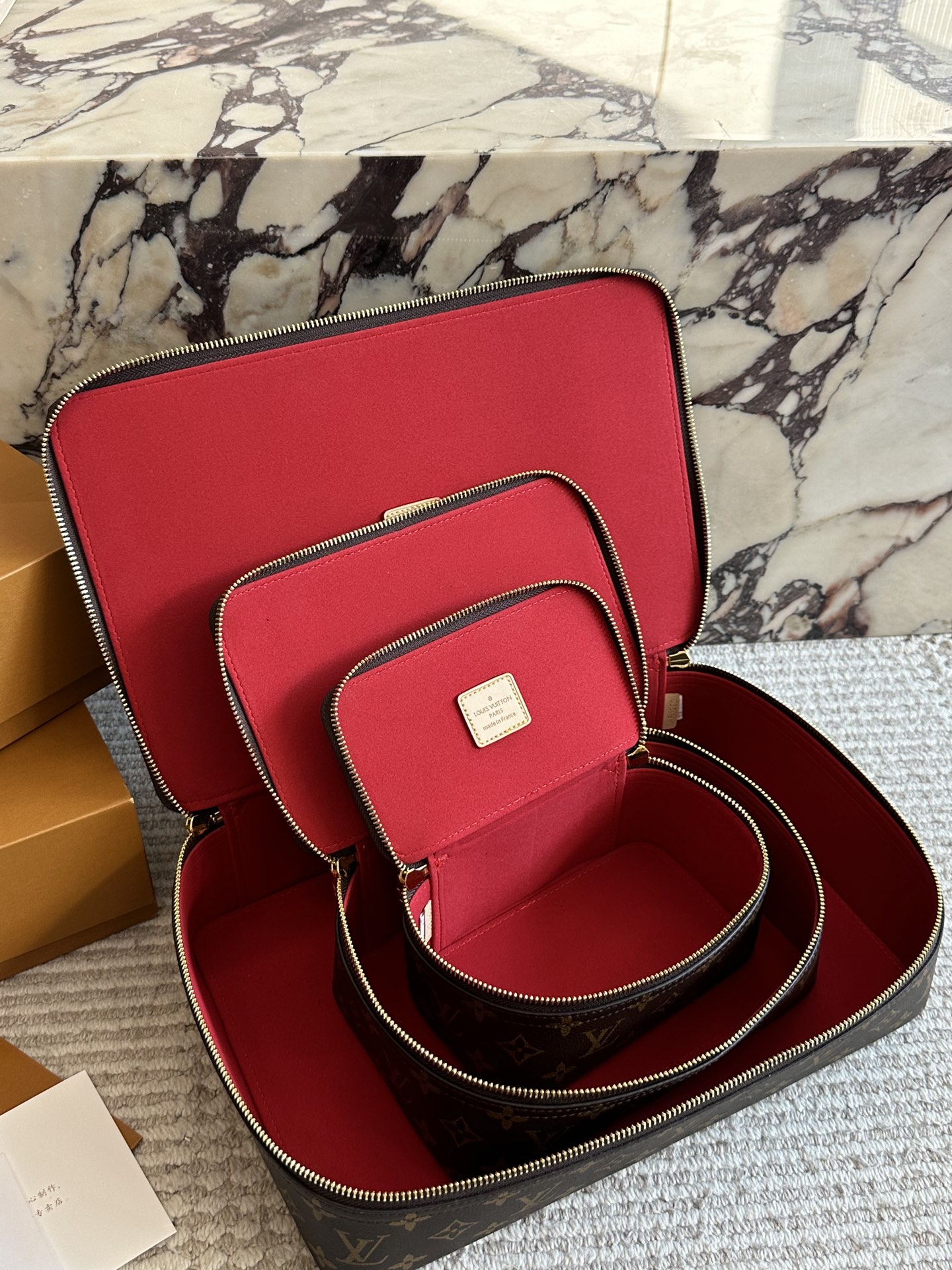 Louis Vuitton LV Monogram Brown Canvas Red Lining Nice Vanity Jewelry Case Travel Top Handle Bag - KAIROO