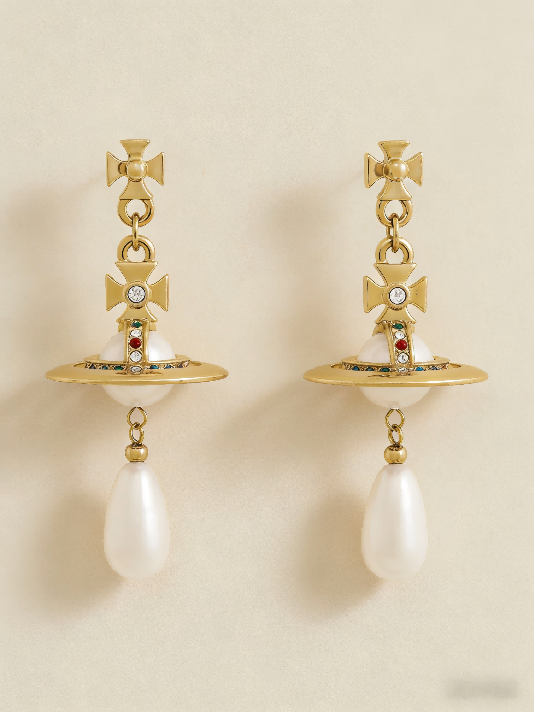 Dainty Teardrop Pearl Dangle Earrings – Trendy Gold Planet Design, Perfect for Party & Date Night