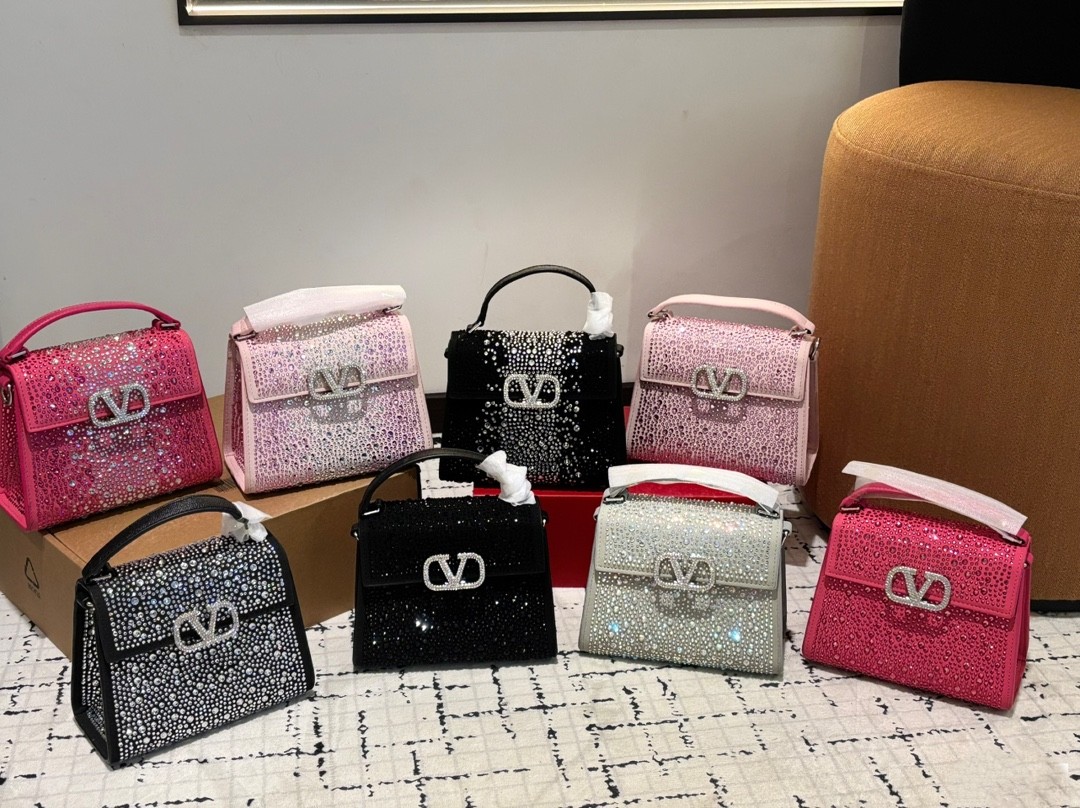 Valentino Garavani VLogo Signature Boxy Satin All-over Bling Crystal Handle Crossbody Bag - KAIROO