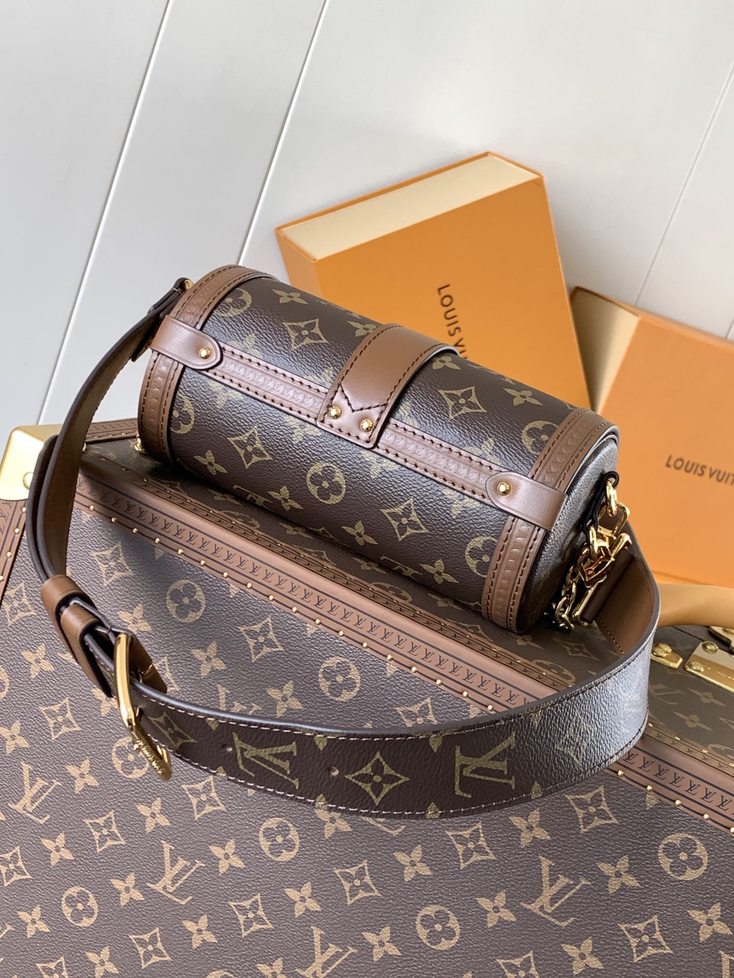 Louis Vuitton LV Papillon Trunk Monogram Brown Leather Cylindrical S-Lock Chain Shoulder Bag - KAIROO
