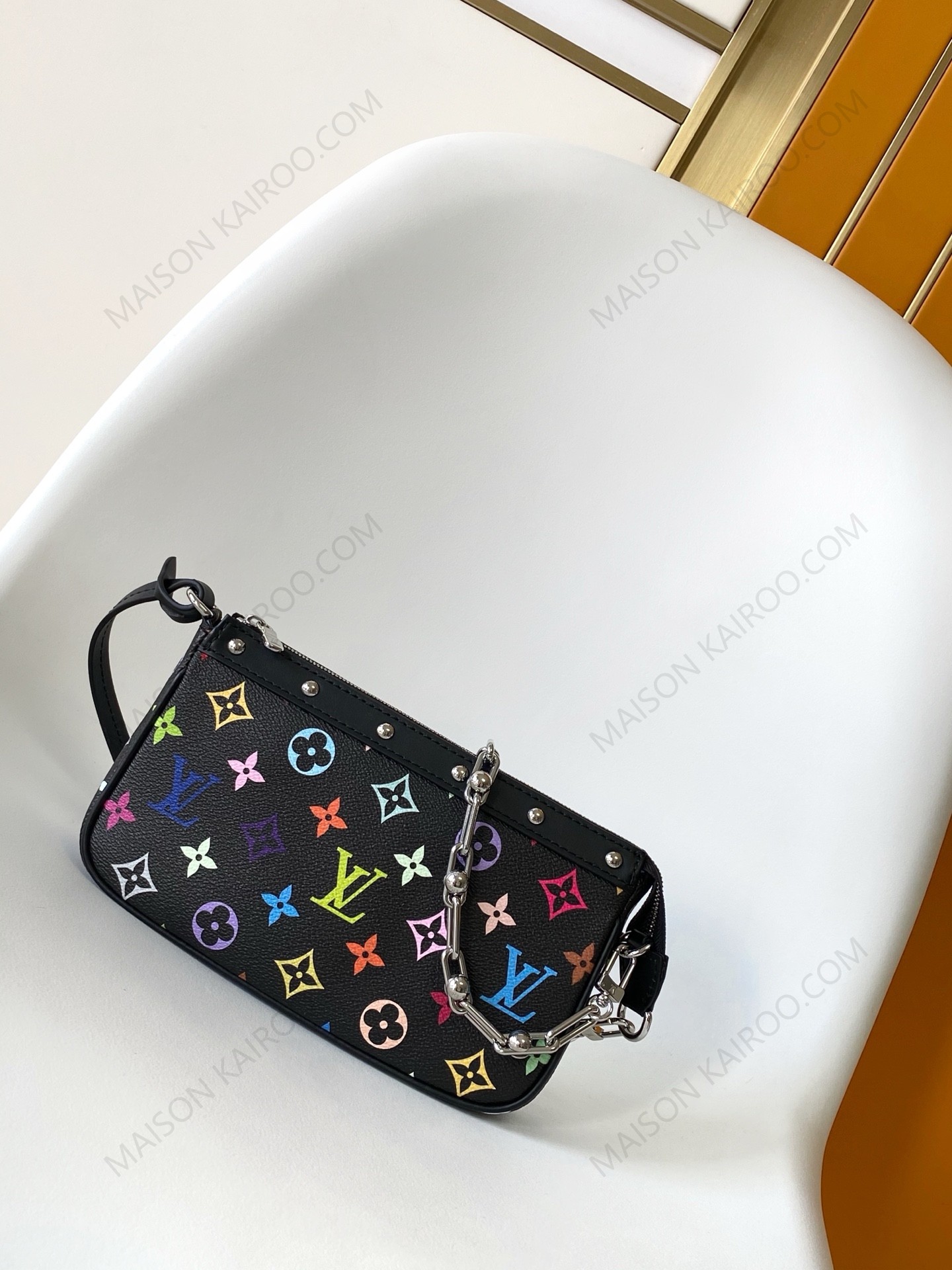 Louis Vuitton LV x TM Black Monogram Multicolore Canvas Leather Studded Chain PA Pouch Hobo Shoulder Bag - KAIROO