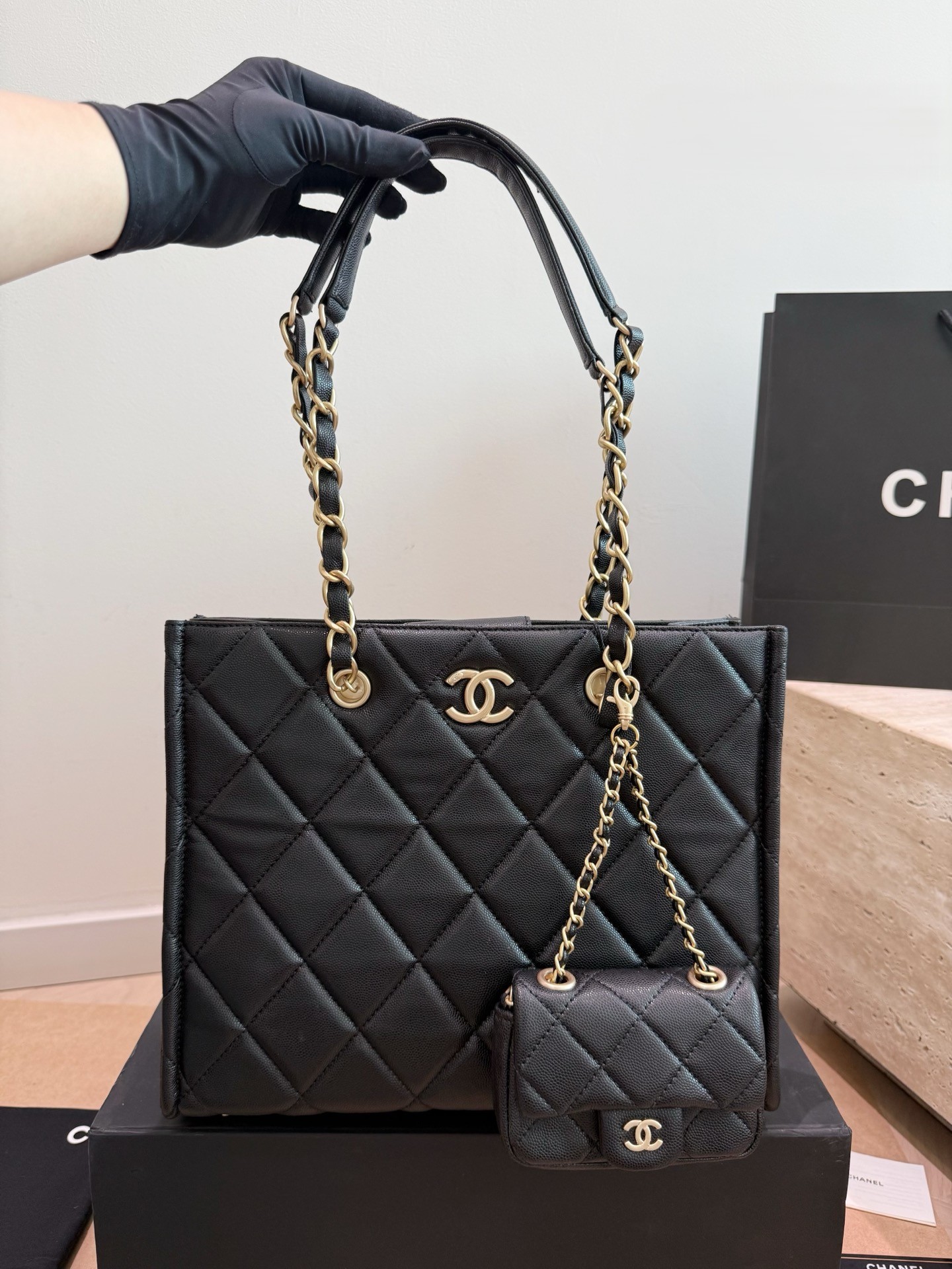 Chanel 24A Diamond Quilted Caviar Leather Shopping Tote Bag With Attached Mini Flap Pouch - KAIROO
