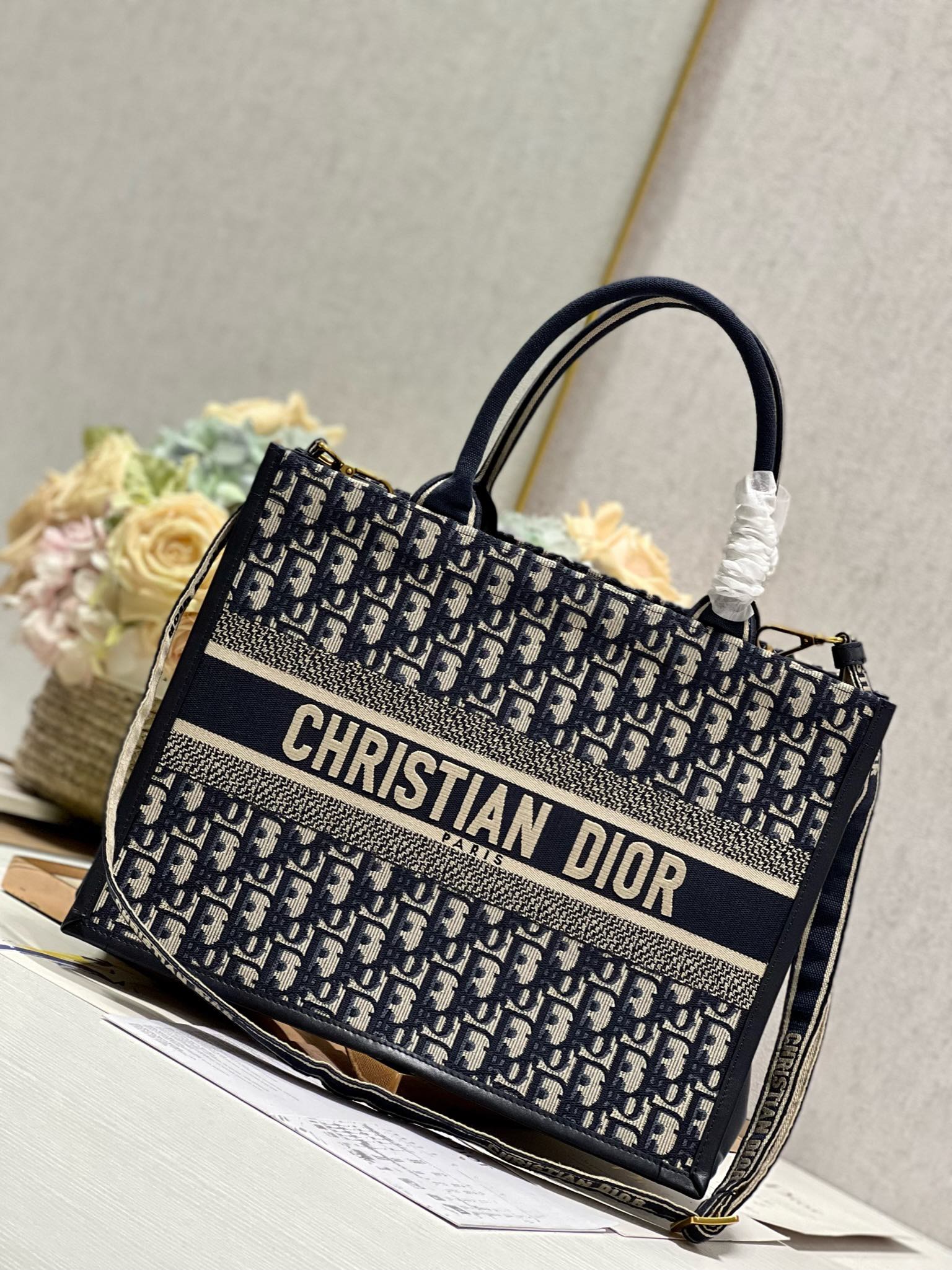 Dior Medium Embroidered Book Tote with shoulder strap