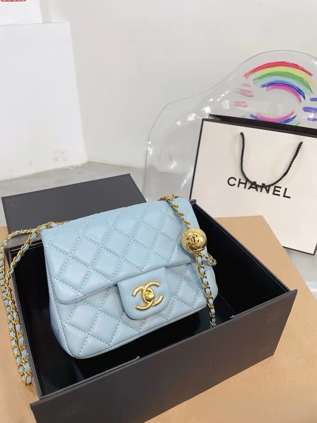 Chanel Mini Square CF 17CM Gold Ball Pearl Crush Quilted Leather Flap Chain Shoulder Bag - KAIROO