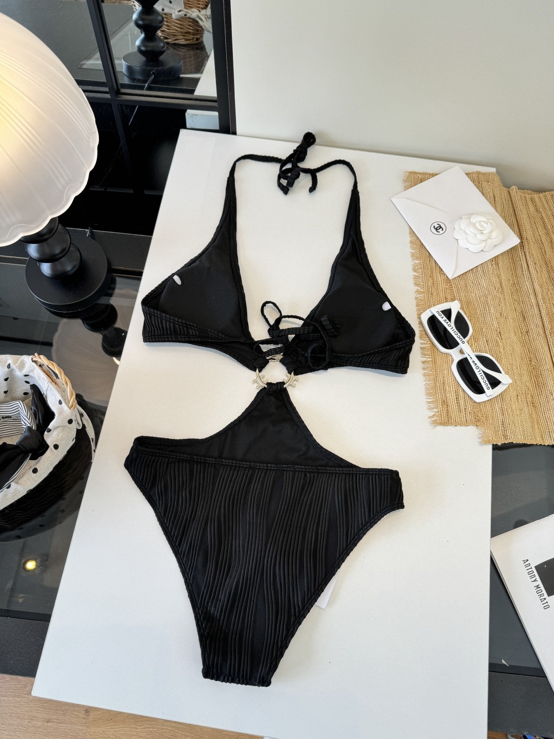 Celine Black Ribbed Jersey Deep V-Neck Halter Cut-Out Swimsuit with Triomphe Ring - KAIROO