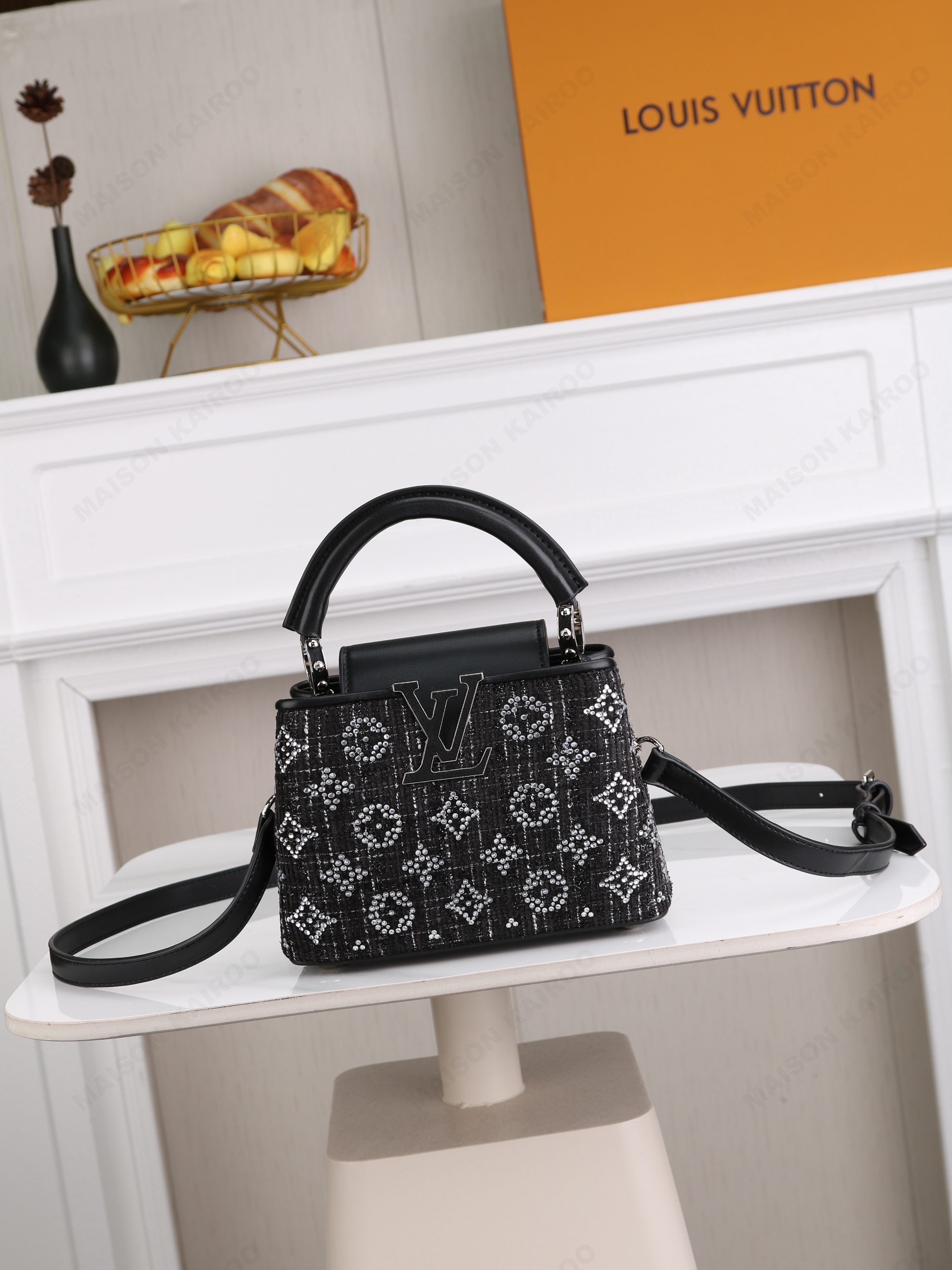 Louis Vuitton LV Capucines BB/Mini/East West Black Tweed Logo Crystal Monogram Leather Top Handle Bag - KAIROO