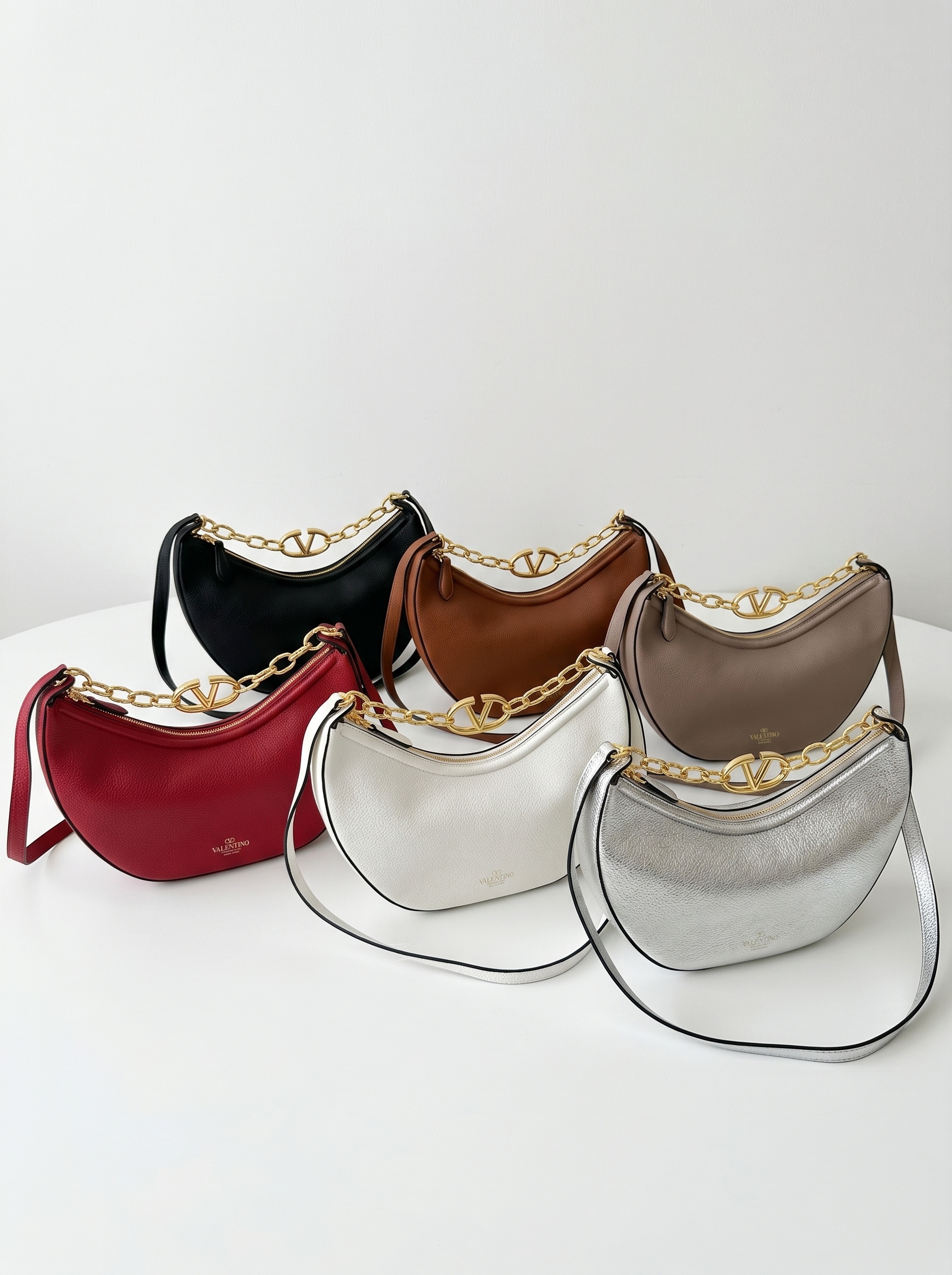 Valentino VLogo VLogo Crescent Half Moon Grained Leather Chain Hobo Crossbody Bag - KAIROO