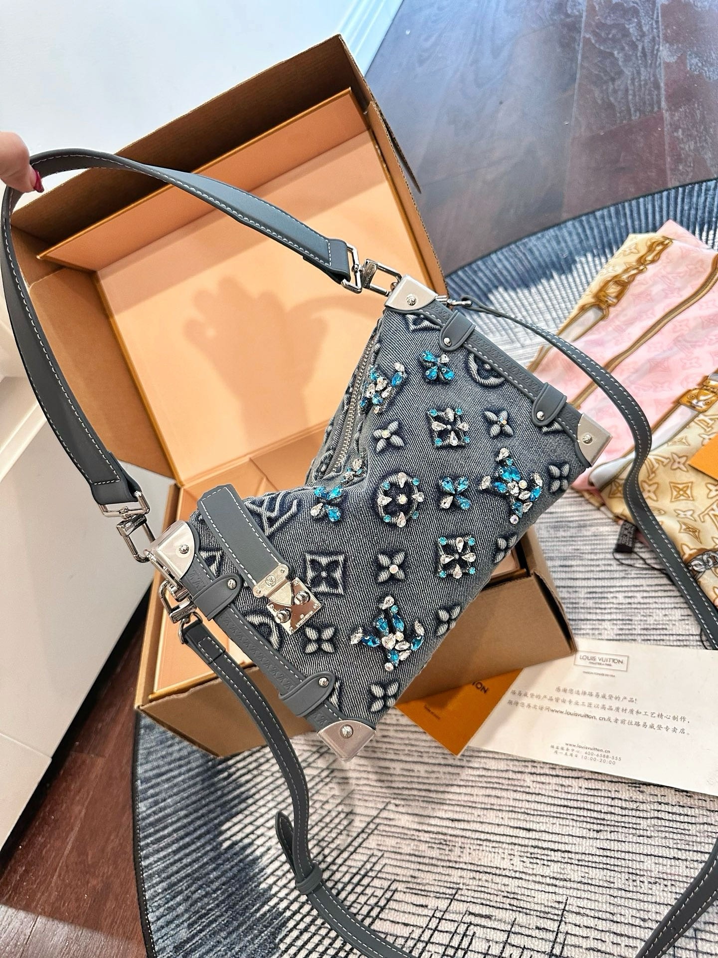 Louis Vuitton LV Side Trunk MM Grey Blue Crystal Embellished Denim Monogram S-Lock Soft Shoulder Bag - KAIROO