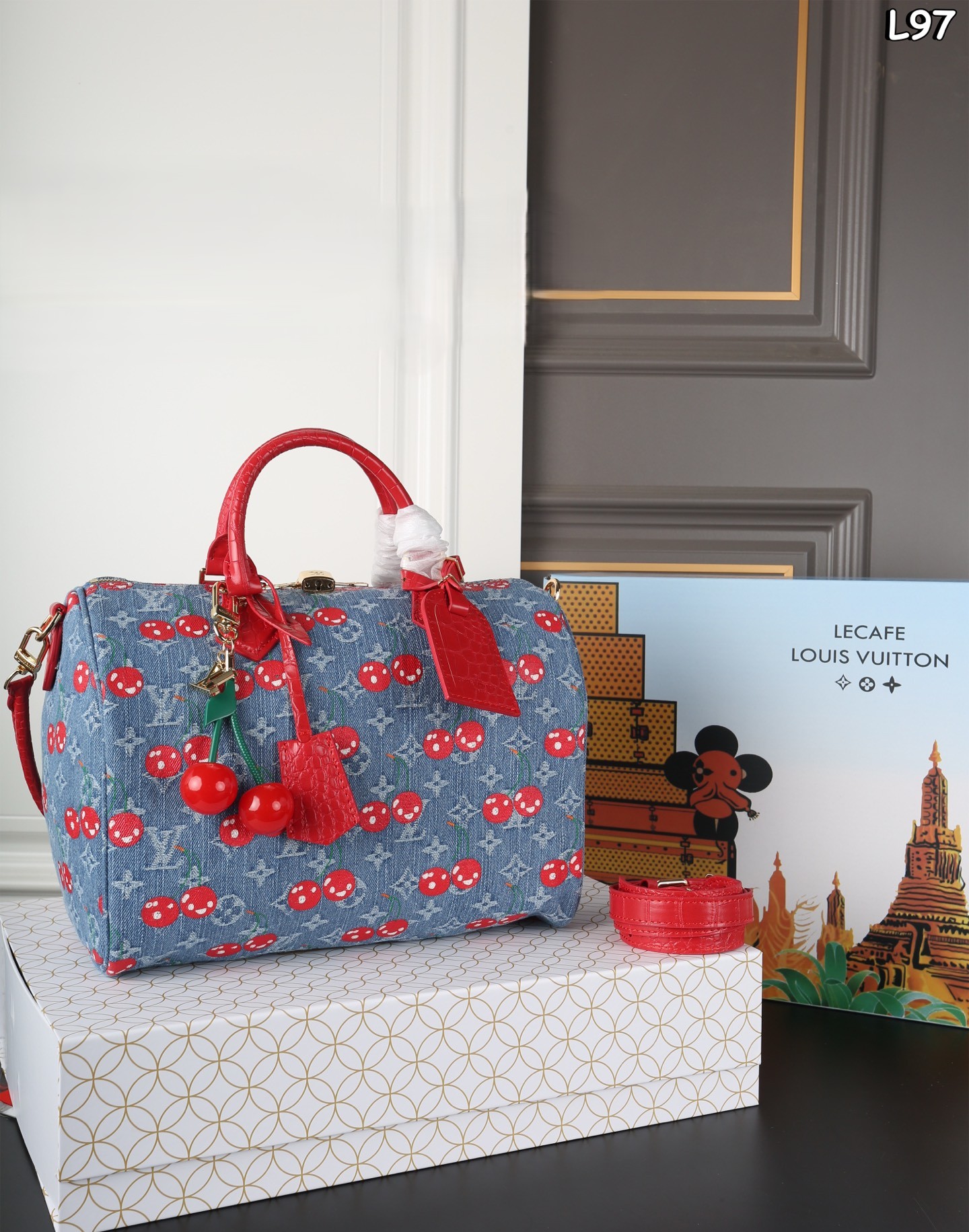 Louis Vuitton x Takashi Murakami LV Speedy 30 Cerises Denim Crocodile Embossed Boston Top Handle Bag - KAIROO