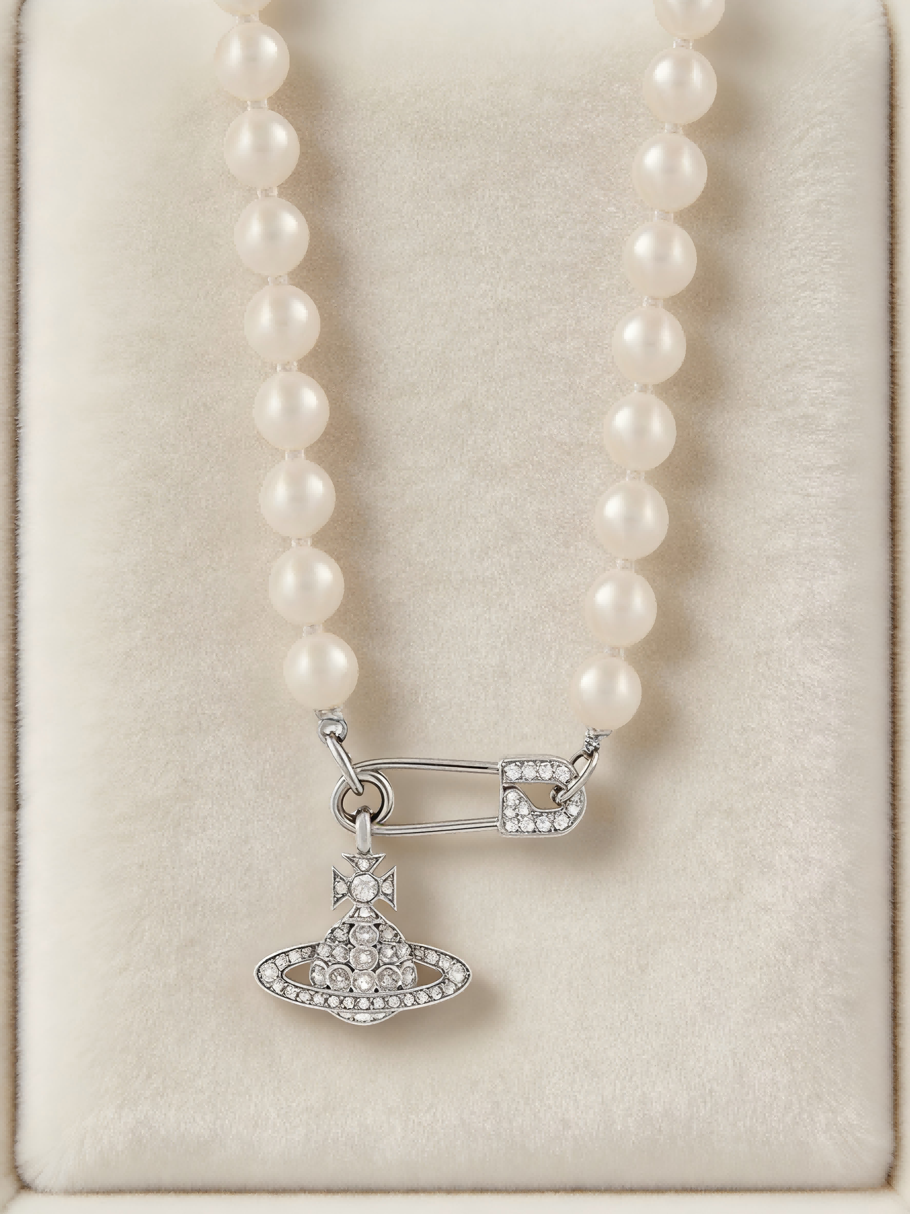 Punk Style Silver-Tone Pearl Necklace with Safety Pin & Crystal Saturn Charm | Trendy Everyday Fashion Accessory