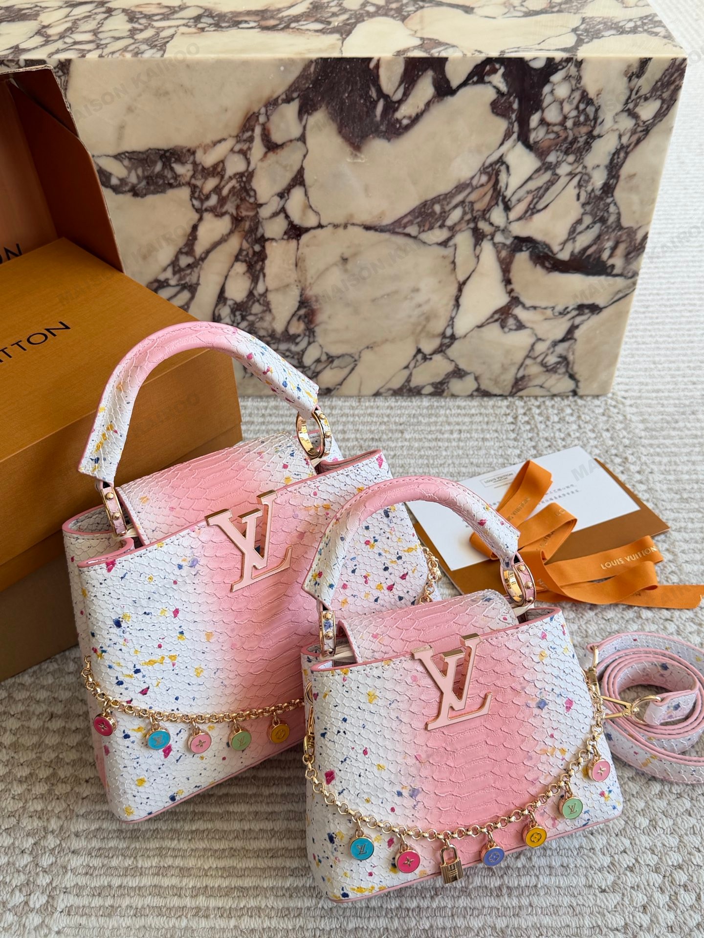 Louis Vuitton LV Capucines BB/Mini Gradient Splatter Python Leather Color Enamel Chain Top Handle Bag - KAIROO
