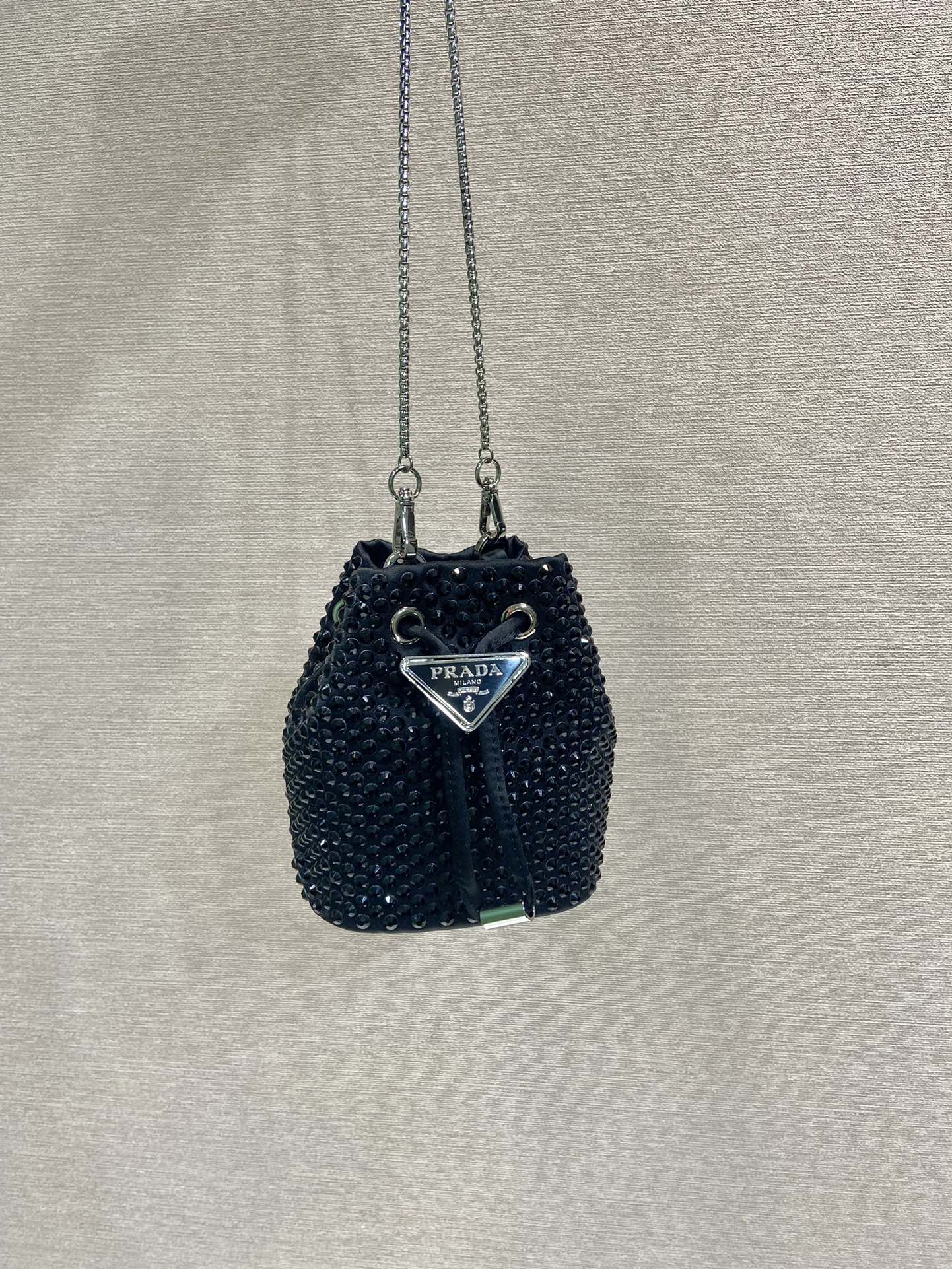 Prada MINI BUCKET BAG 12 IN BLACK NYLON FABRIC EMBELLISHED FULL CRYSTALS