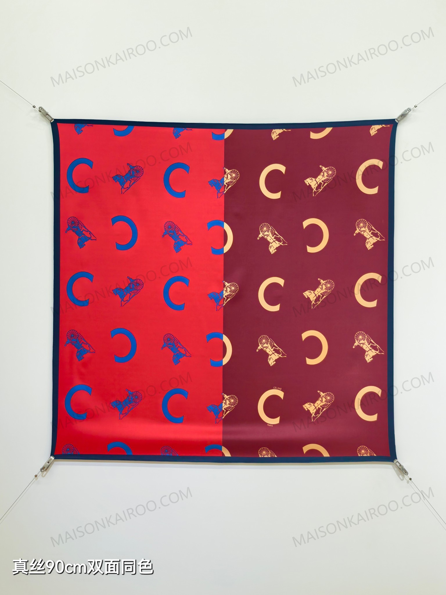 Celine Red & Burgundy Split Carriage Square Scarf - KAIROO