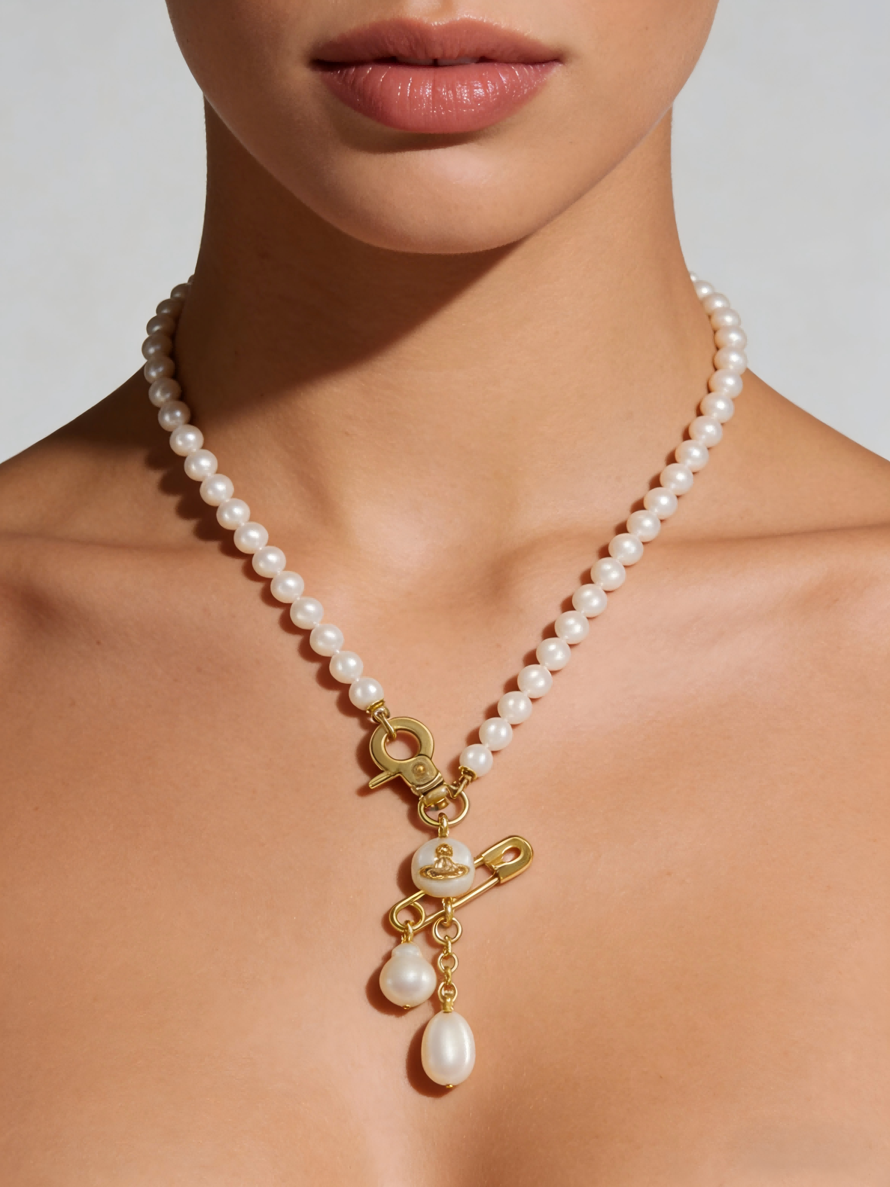 Edgy Pearl Safety Pin Necklace with Orb Pendant | Gold-Tone Punk Style Jewelry for Women