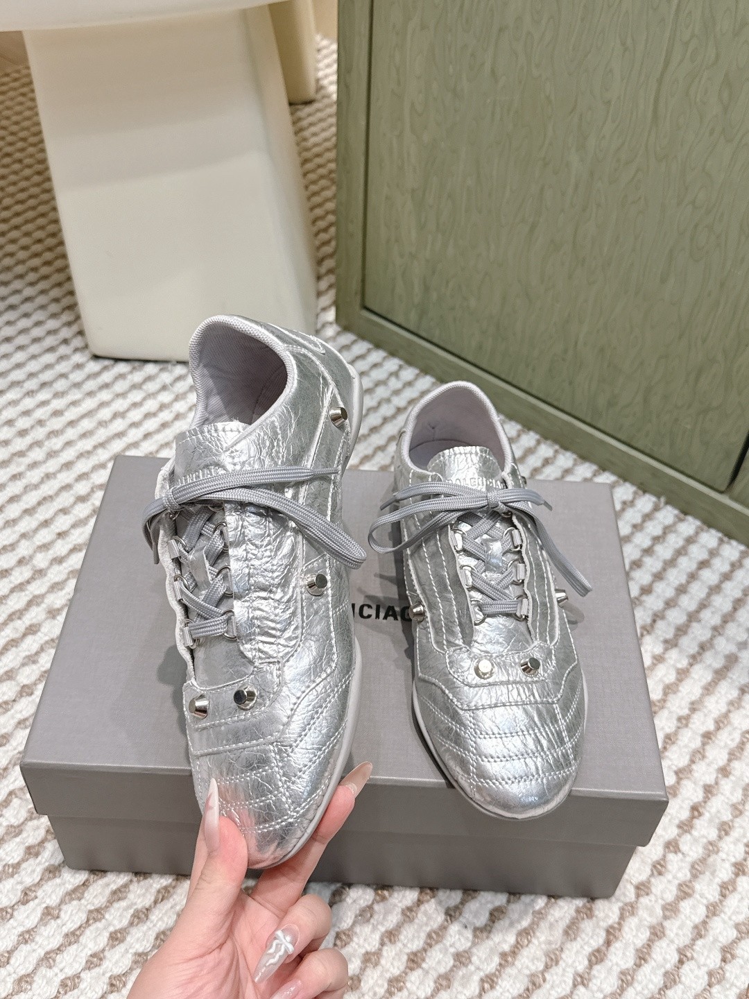 Balenciaga Cagole Silver Arena Studded Quilted Leather Speed GAT Sneakers - KAIROO