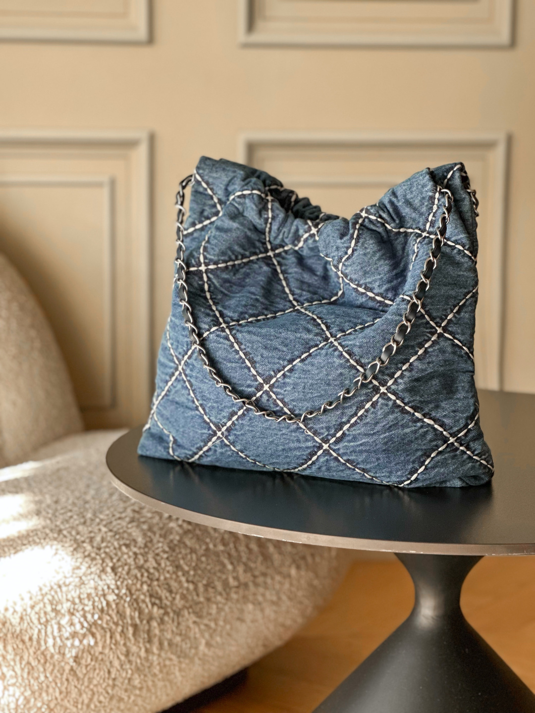 Chanel 22 Medium Handbag in Blue Denim AS3261