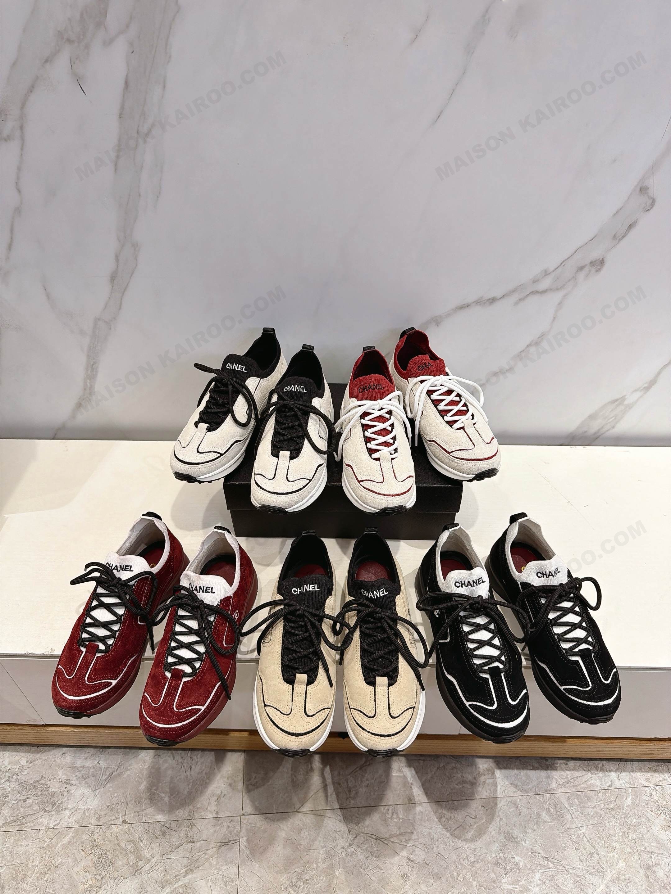 Chanel CC Logo Suede Leather Contrasting Piping One-Piece Seamless Tongue Trainer Low Top Sneakers - KAIROO