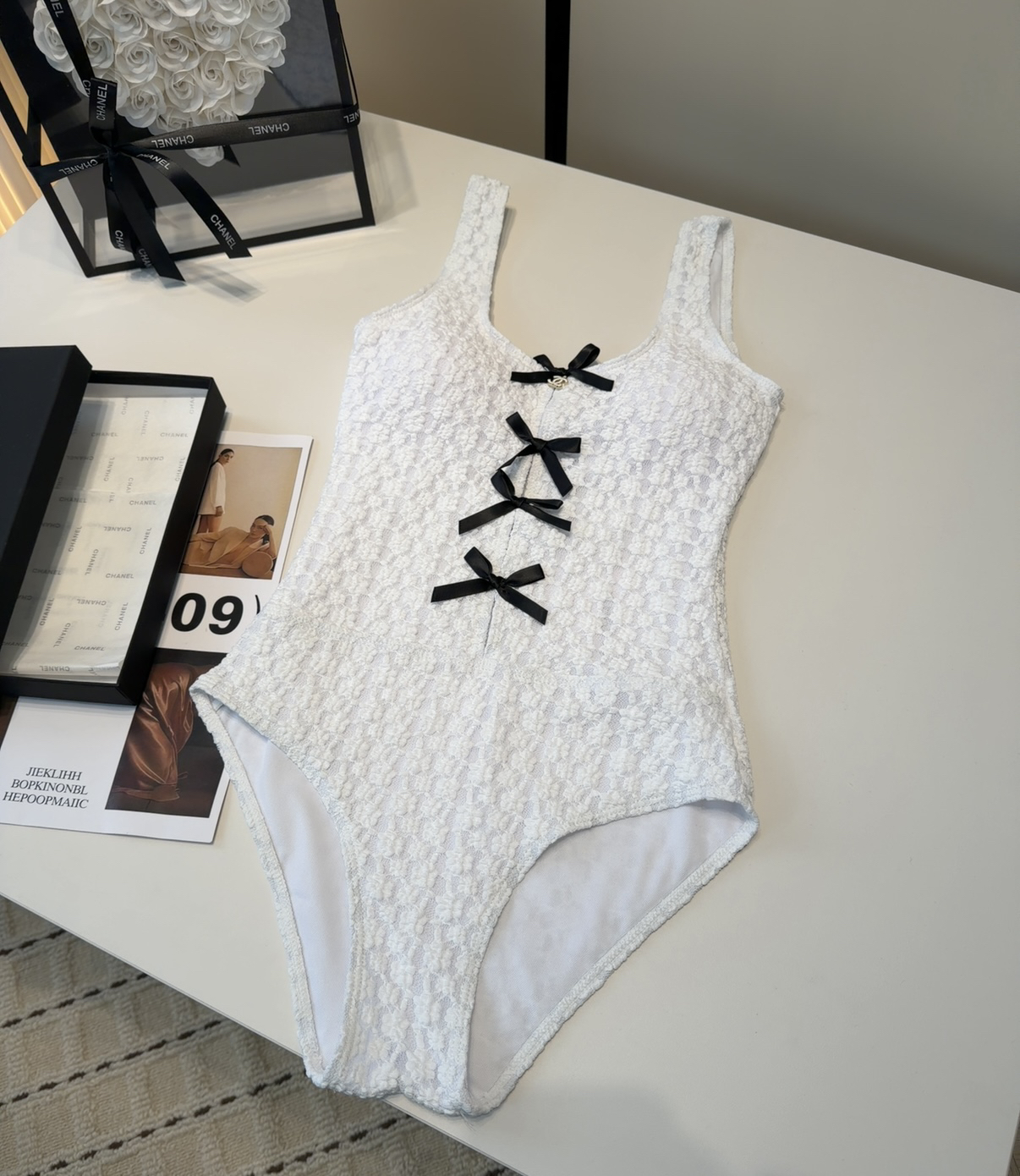 Chanel CC Logo Textured Fabric Bow Detail V-neck One-Piece Swimsuit - KAIROO