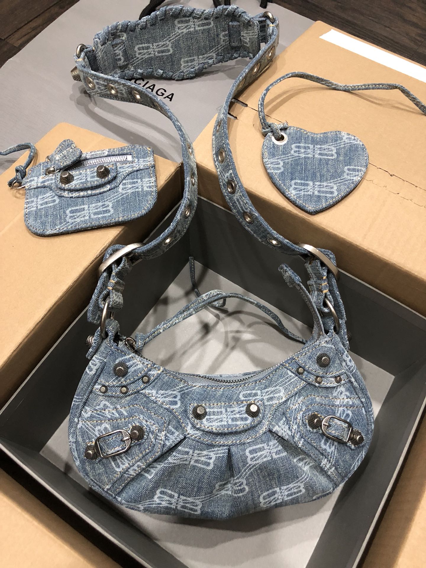 Balenciaga Le Cagole BB Monogram Denim Studded Purse & Heart Mirror Charm Hobo Shoulder Bag - KAIROO