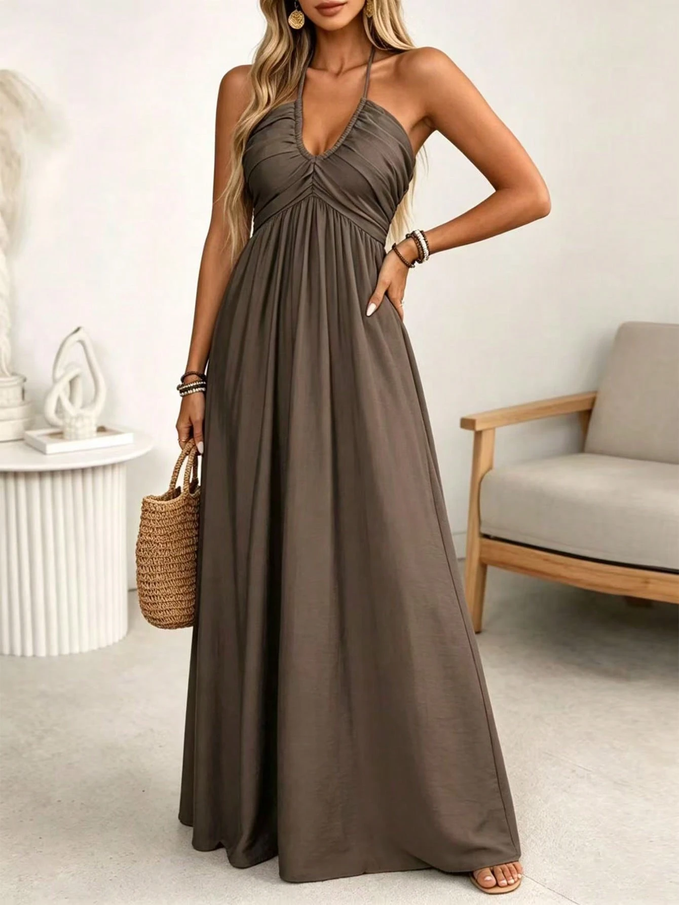 Women's Linen Blend Bow Front Ruffle Maxi Dress