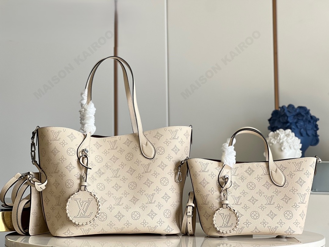 【15A】Louis Vuitton LV Mahina Blossom PM&MM Cream Dense Perforated Monogram Leather Basket Handle Tote Bag - KAIROO