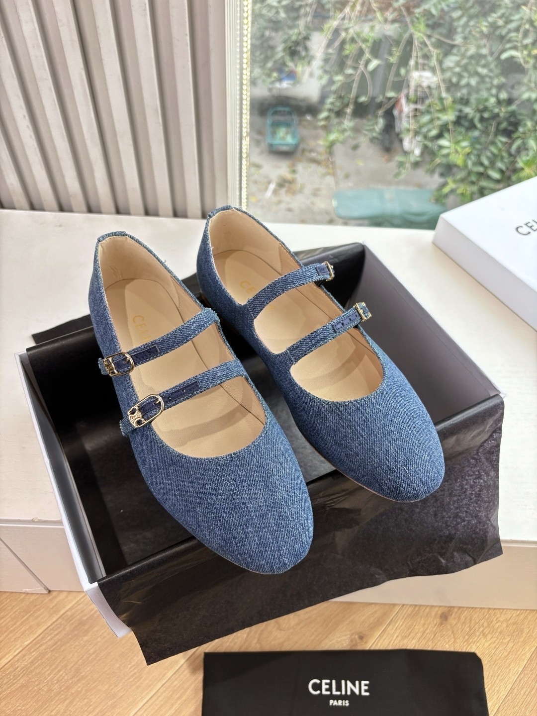 Celine Leather Triomphe Buckle Double Strap Round Toe Mary Jane Flats - KAIROO