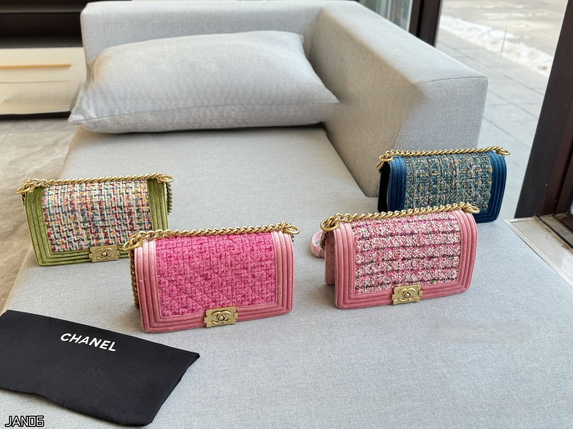 Chanel Le Boy Medium 25CM Multicolor Tweed & Velvet Trim Gold Hardware Chain Flap Shoulder Bag - KAIROO
