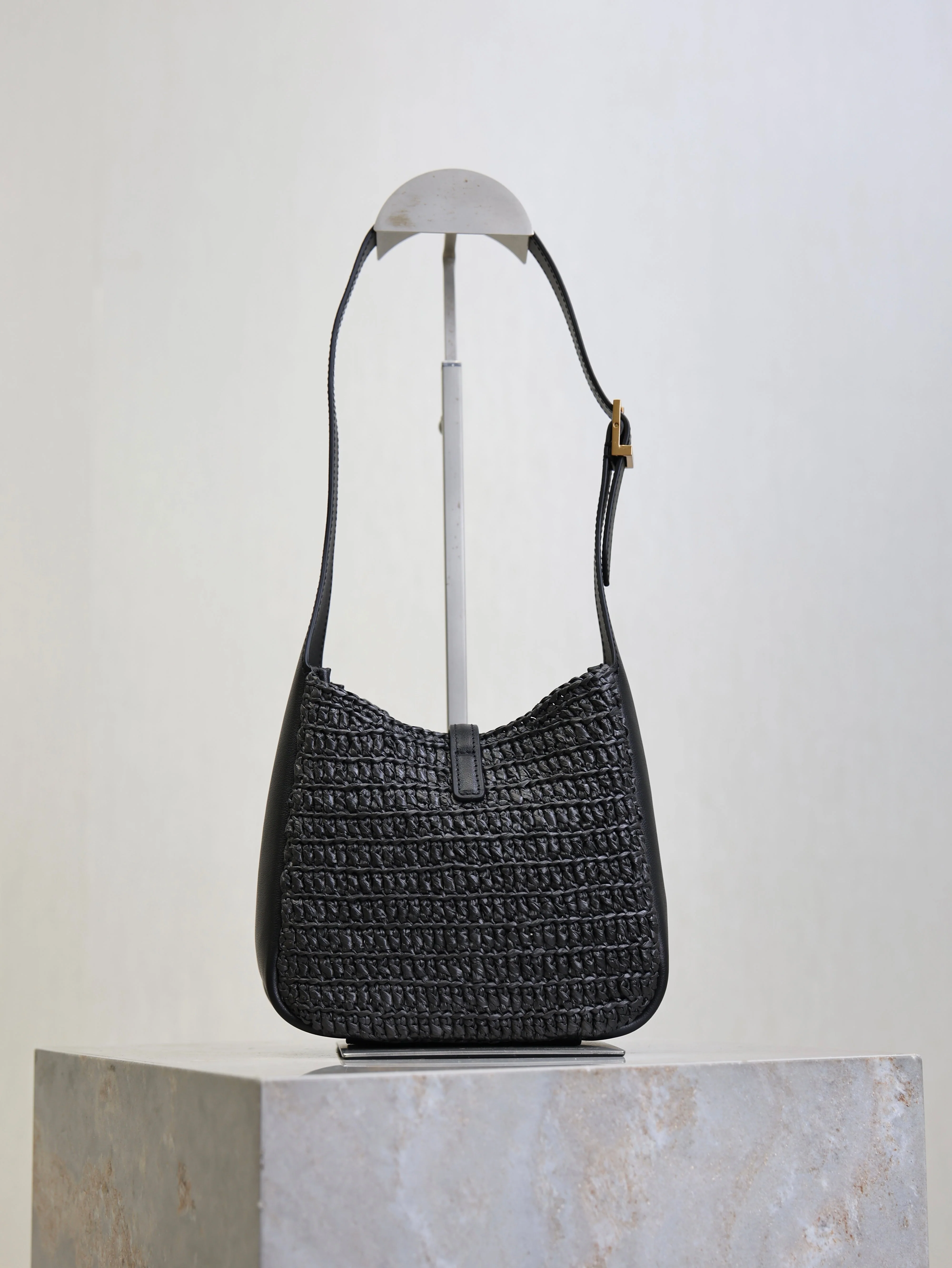 Saint Laurent YSL LE 5A7 Mini 15cm Black Raffia Leather GHW