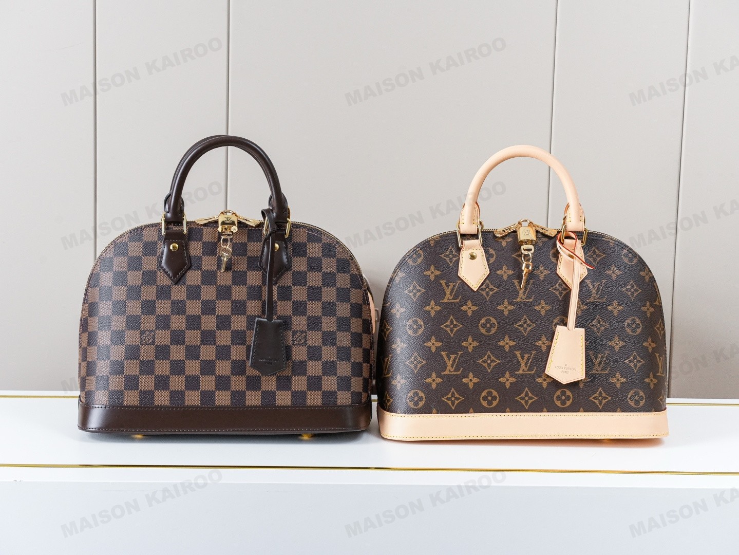 Louis Vuitton LV Alma BB&MM Damier Ebene & Monogram Canvas Leather Dome Handbag Shoulder Bag - KAIROO