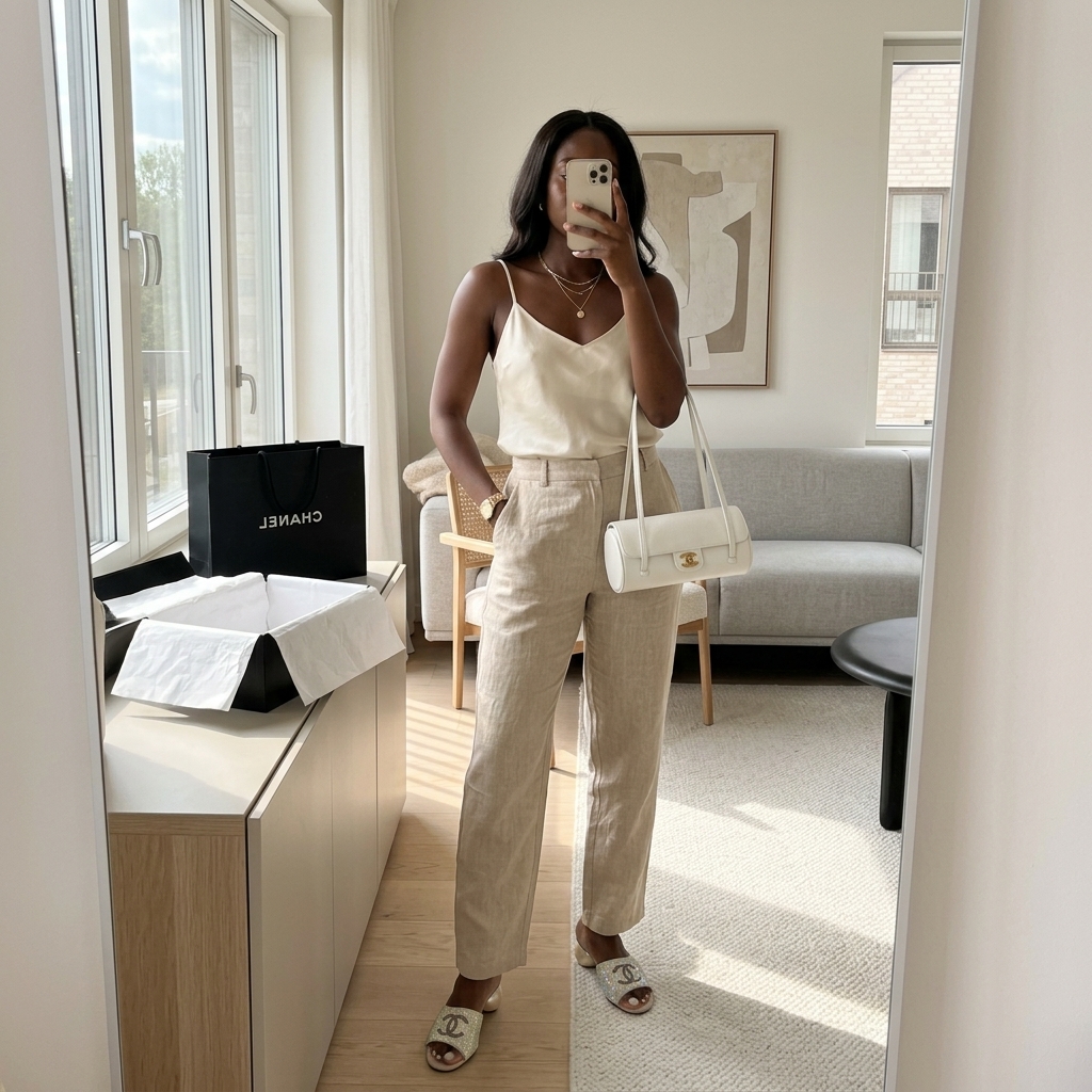 Chanel Classic White Caviar Leather Cylinder Bag 20cm & CC Logo Pearl Heel Flat Mules Set - KAIROO