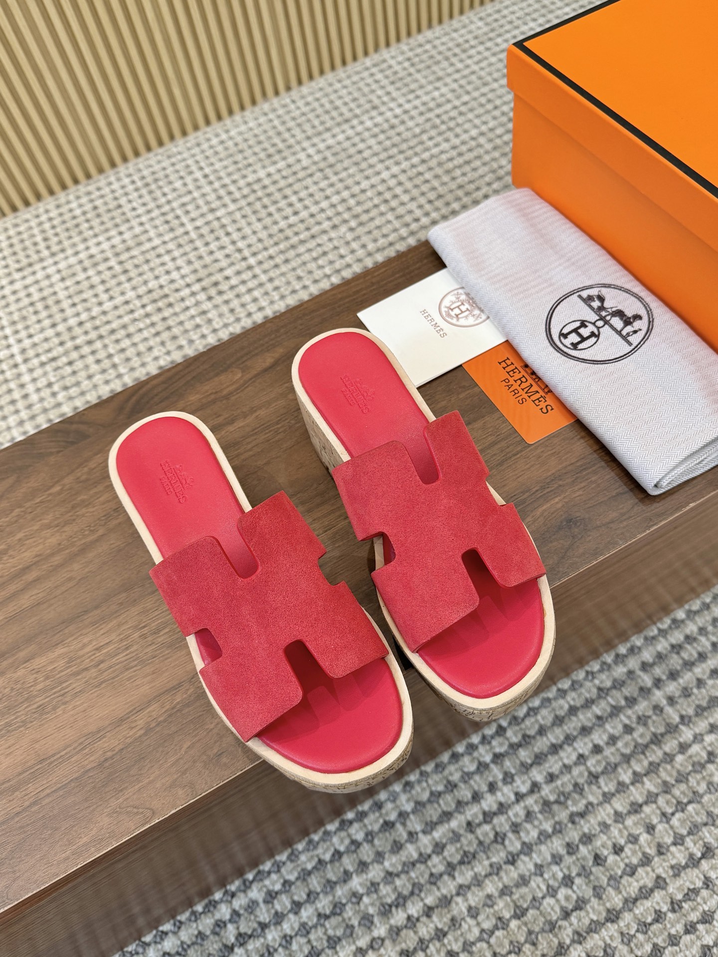 Hermes Red Suede Leather H-Cutout Cork Sole Slide Sandal - KAIROO