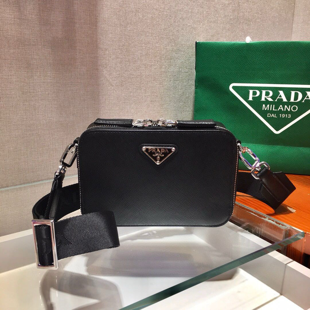 Prada PRA CAMERA BAG 18CM IN BLACK TRIANGLE PATTERN COWHIDE SILVER HARDWARE