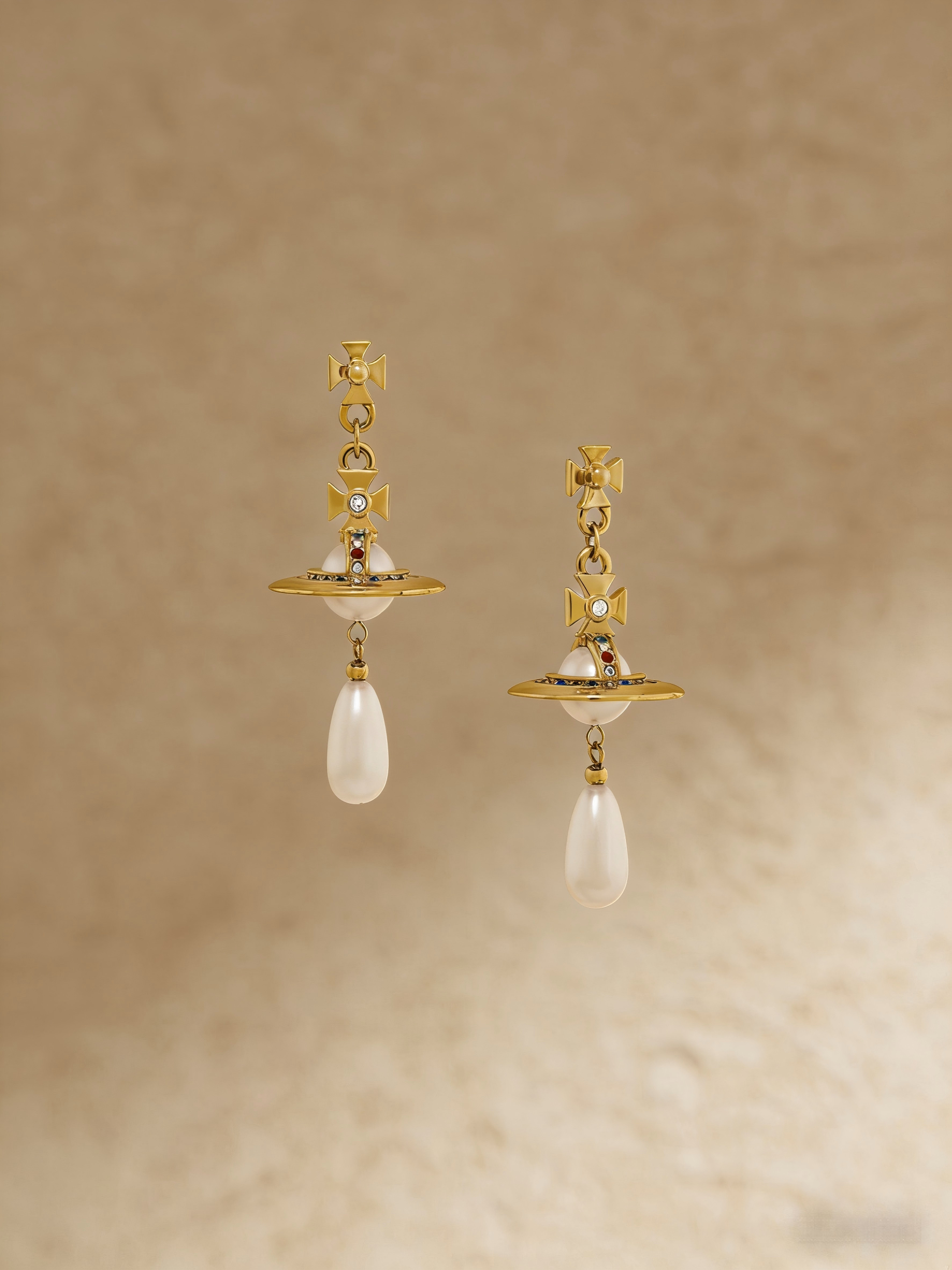 Dainty Teardrop Pearl Dangle Earrings – Trendy Gold Planet Design, Perfect for Party & Date Night