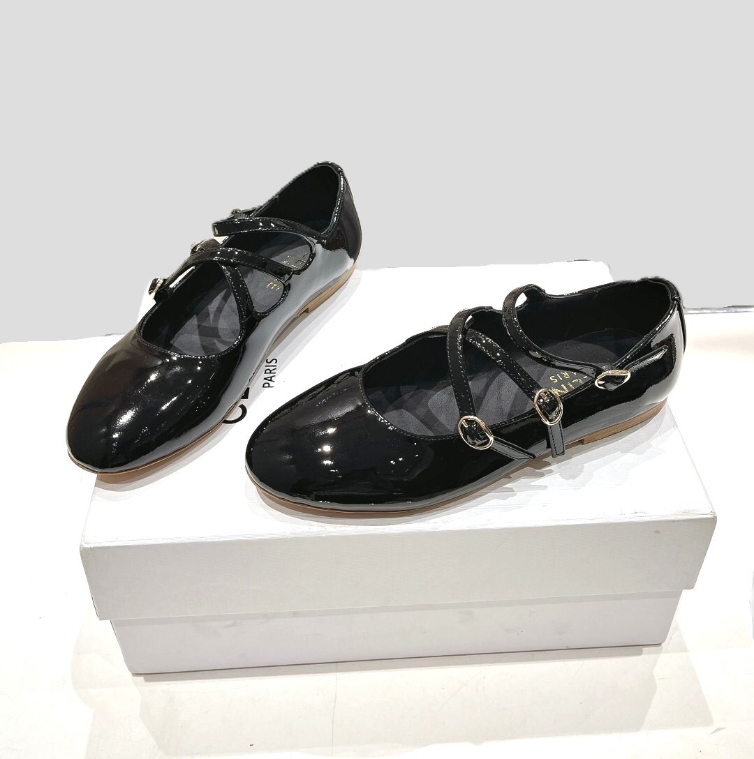 Celine Patent Leather Triomphe Engraved Buckle Criss-Cross Strap Round Toe Mary Jane Flats - KAIROO