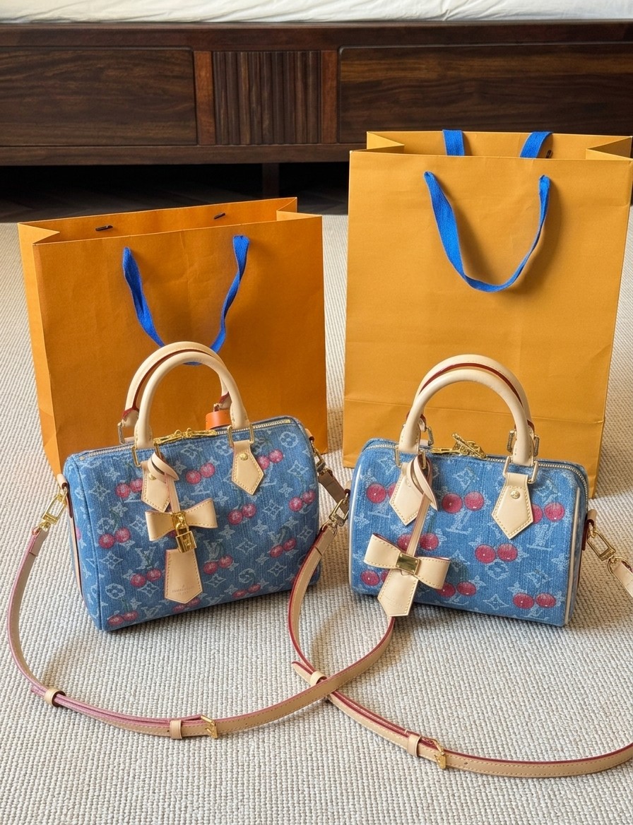 Louis Vuitton x Takashi Murakami LV Speedy Soft 20/25 Denim Cherry Boston Top Handle Bag - KAIROO