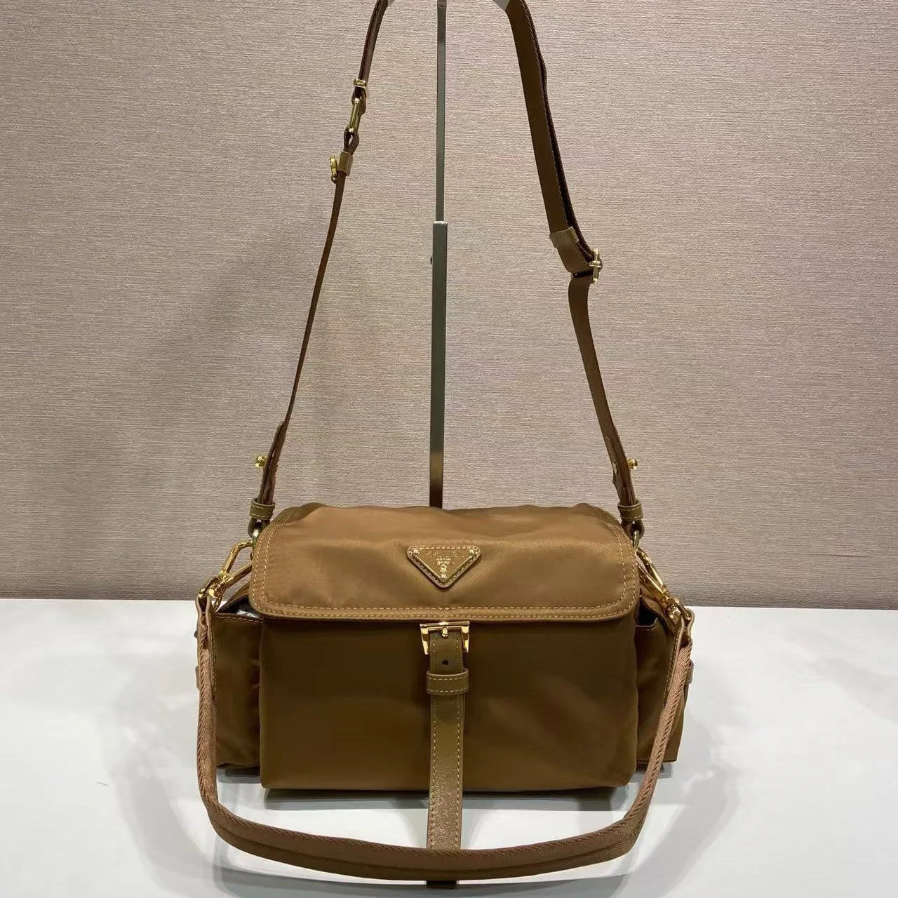 Prada PRA Shoulder Bag Brown Re-Nylon and Saffiano Leather