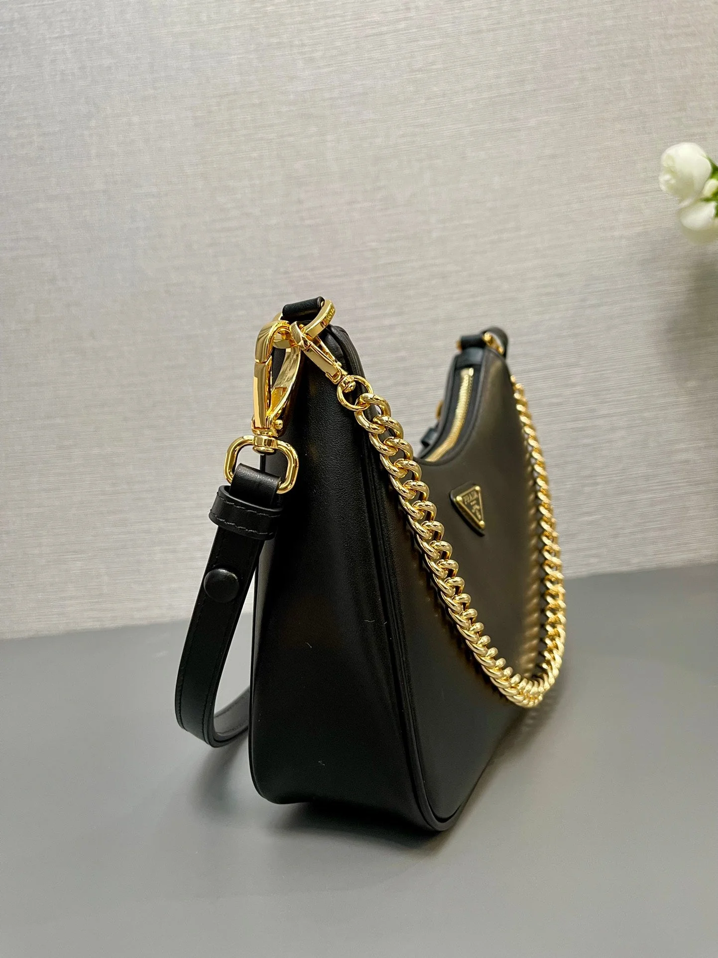 Prada HOBO BAG 23 IN BLACK SMOOTH NAPPA LAMBSKIN GOLD HARDWARE
