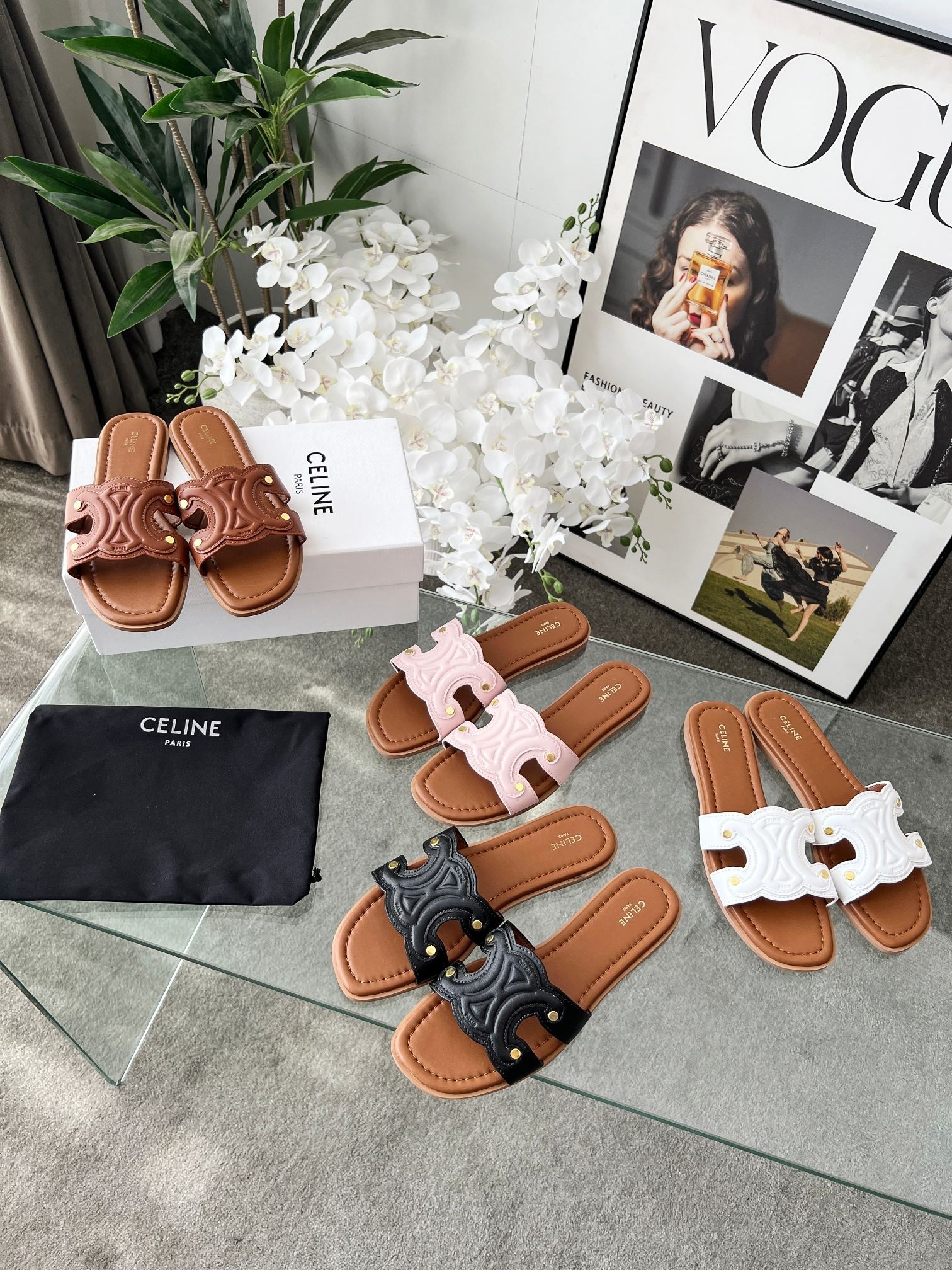 Celine Cuir Triomphe Leather Embossed Studded Cut-out Flat Sandals - KAIROO