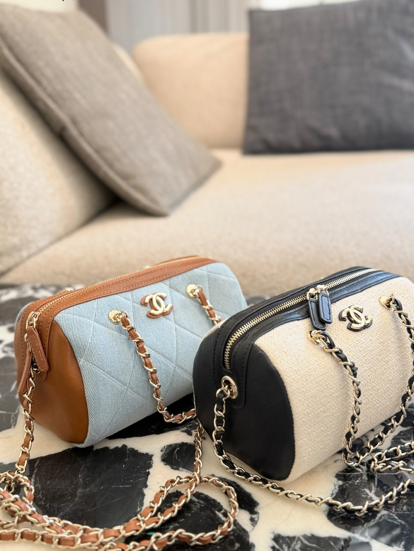 Chanel Mini Coco Beach Bicolor Denim & Canvas Leather Chain Handles Bowling Boston Shoulder Bag - KAIROO