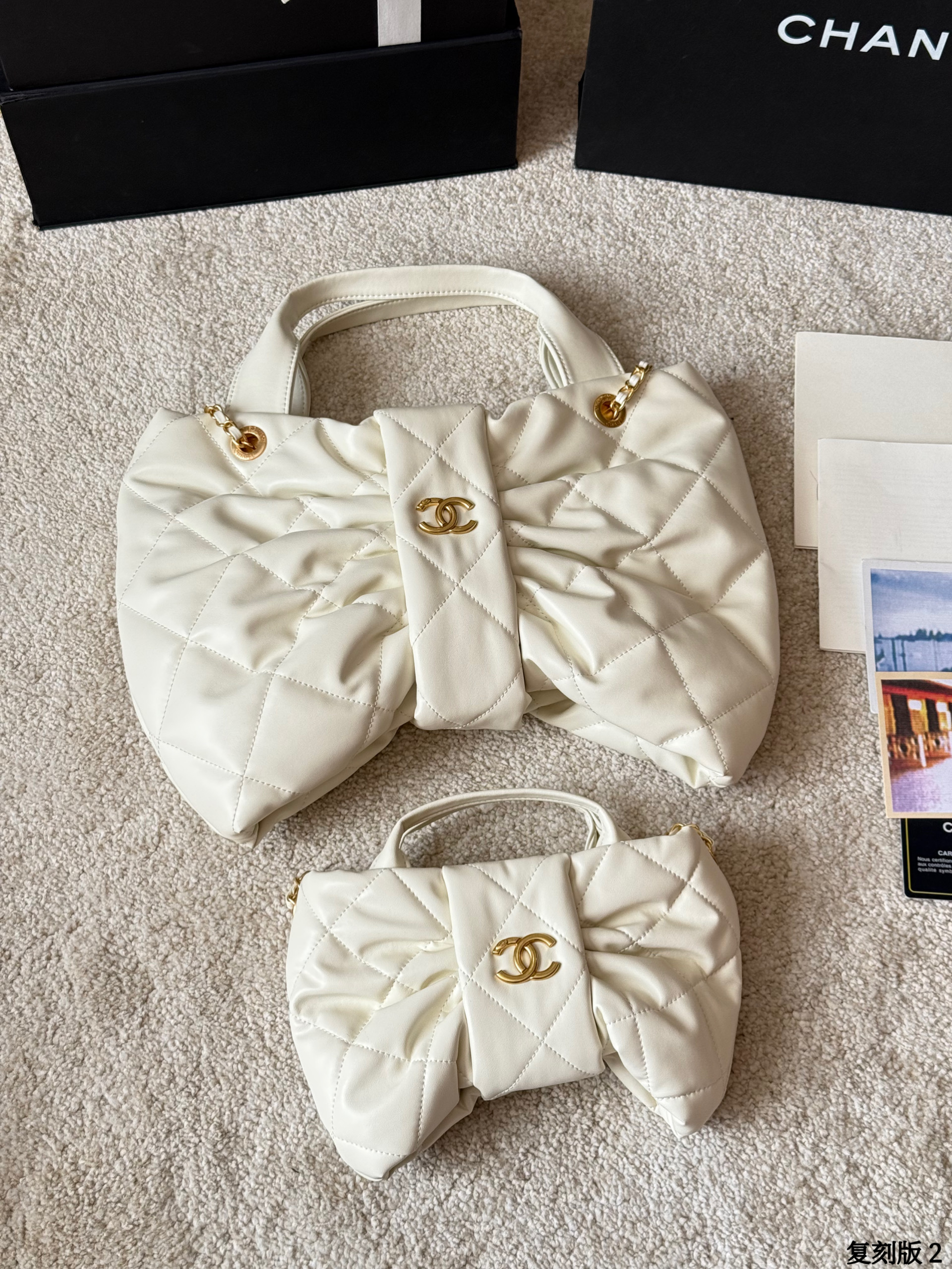 Chanel 25K Large &Small Quilted Shiny Leather Bow Shaped Chain Ribbon Tote Top Handle Bag - KAIROO