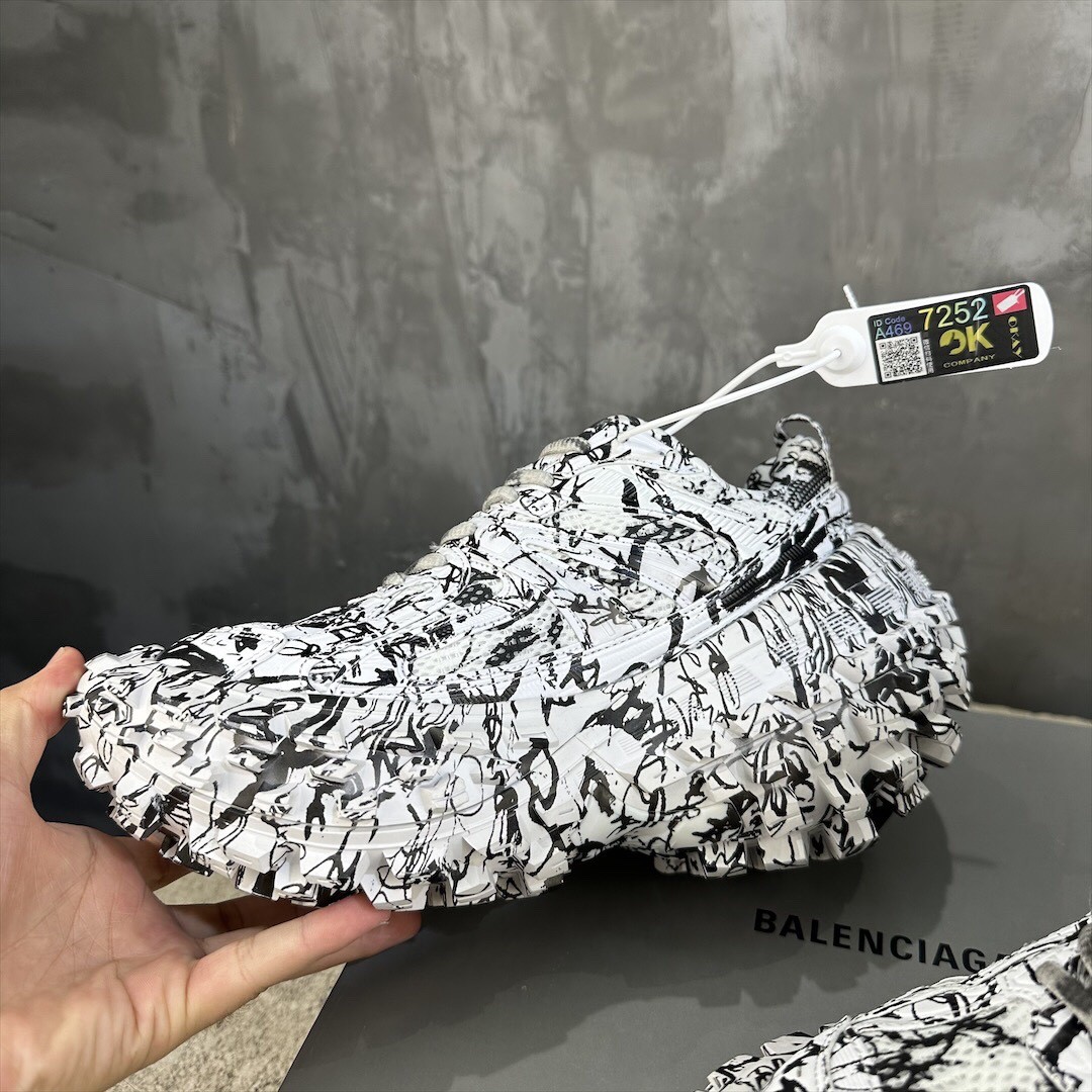 Balenciaga Bouncer Defender White Graffiti Scribble Muddy Mesh Nylon Rounded Chunky Tire Sole Sneakers /10A - KAIROO