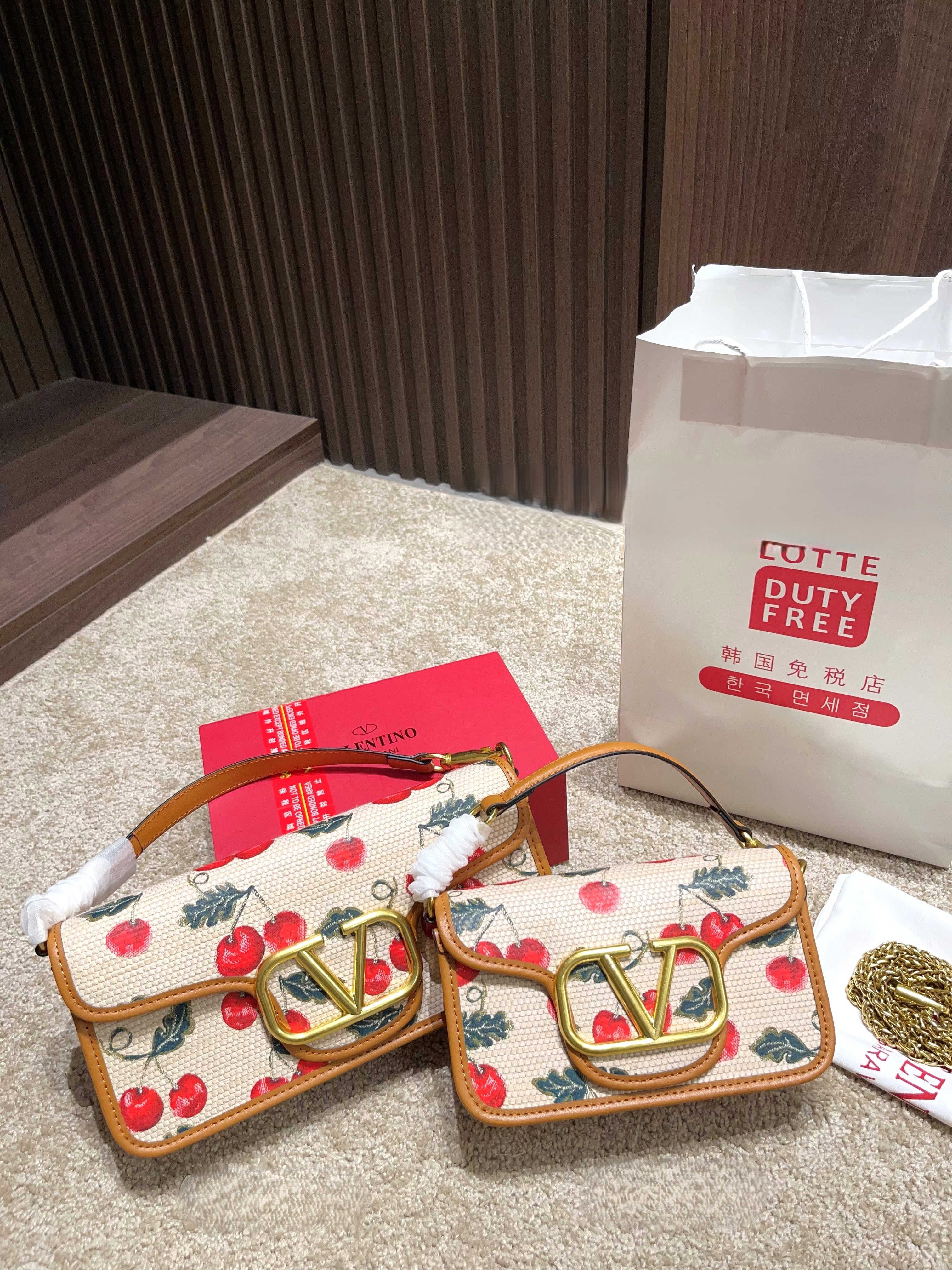 Valentino Locò Canvas Leather Cherry Print Embroidered Gold VLogo Flap Baguette Shoulder Bag - KAIROO