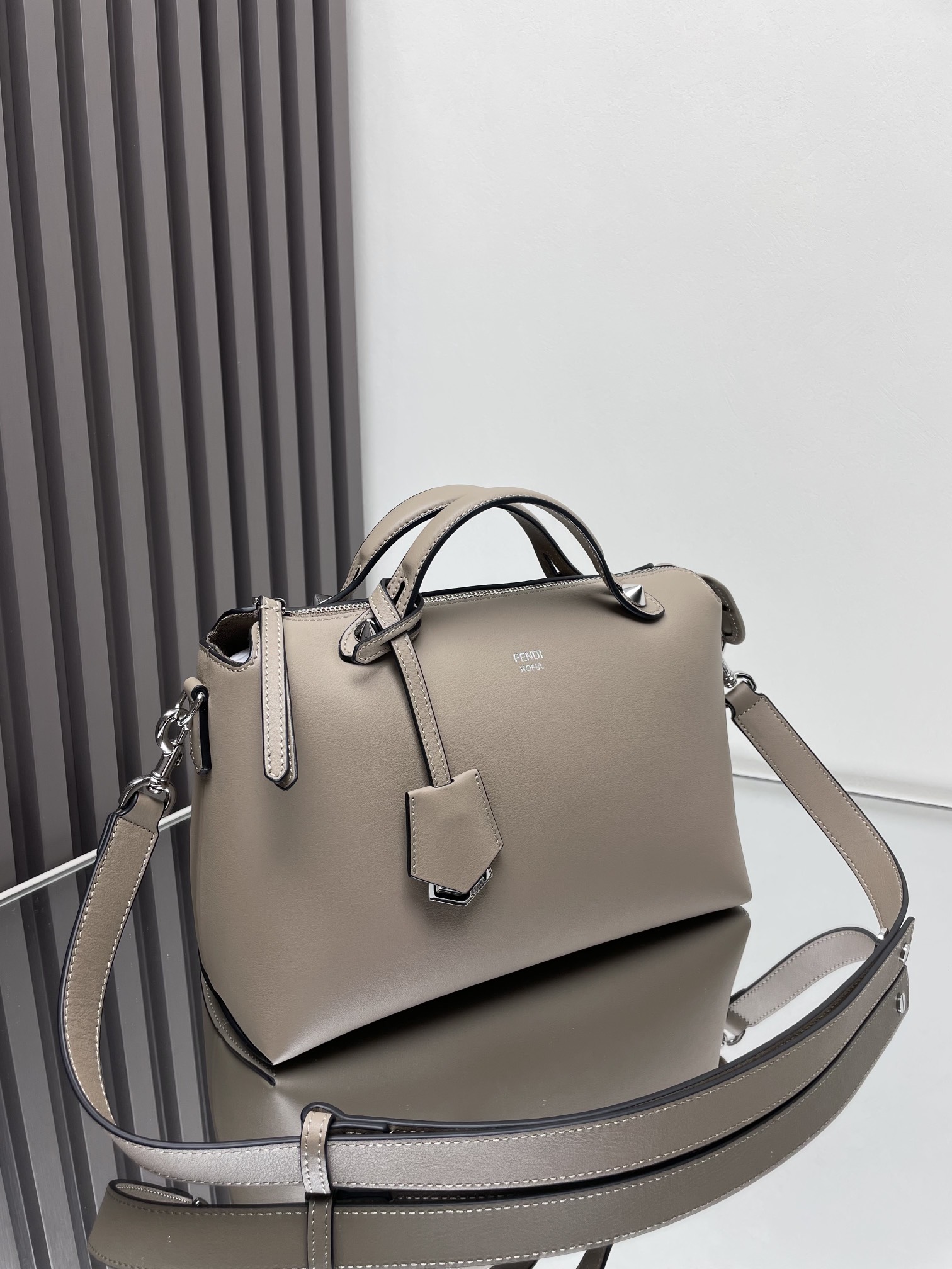 Fendi By The Way Medium Boston Bag in Grey Leather