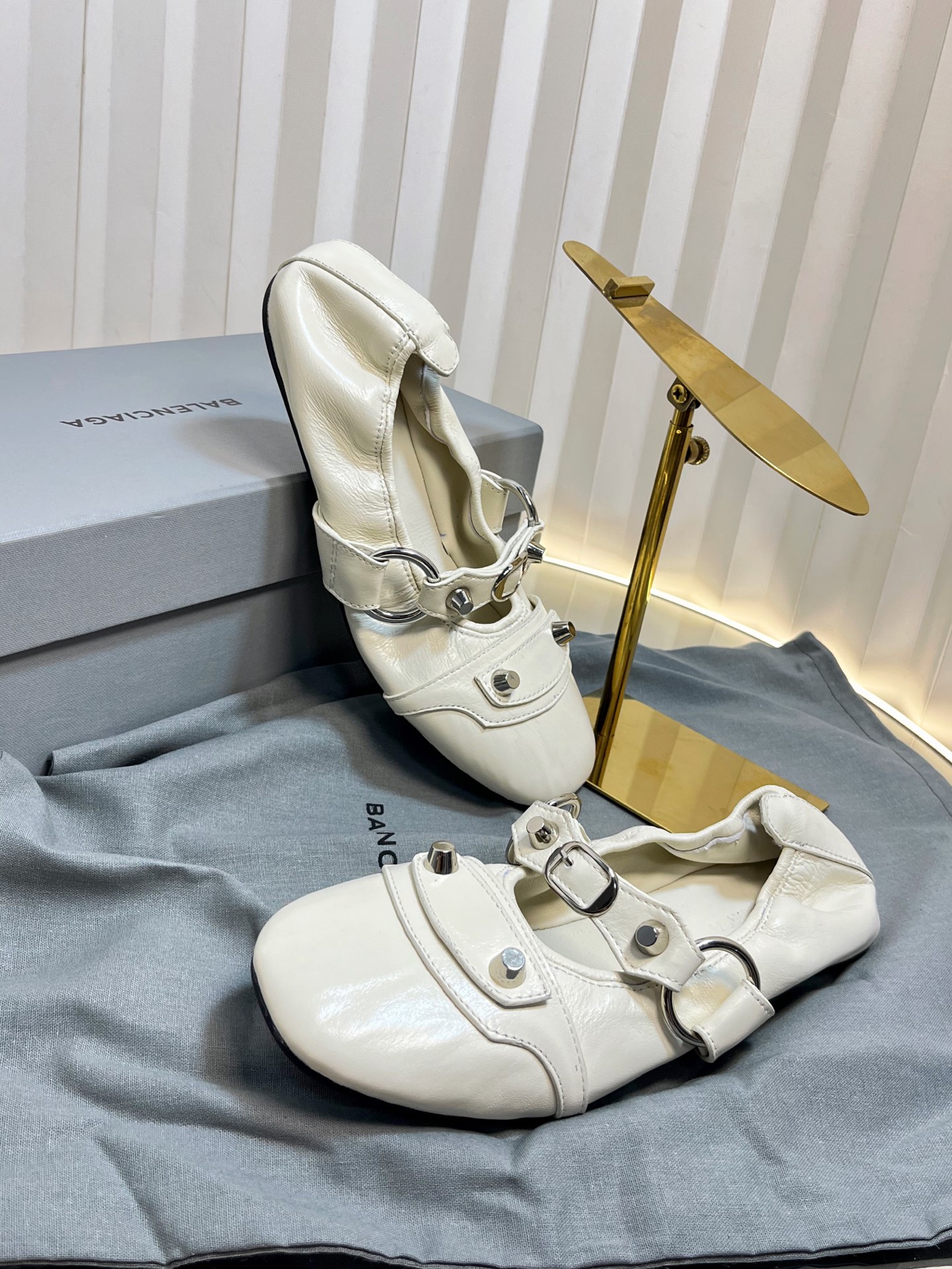 Balenciaga Le Cagole Off White Studded Smooth Leather Buckle Strap Mary Jane Ballerina Flats - KAIROO